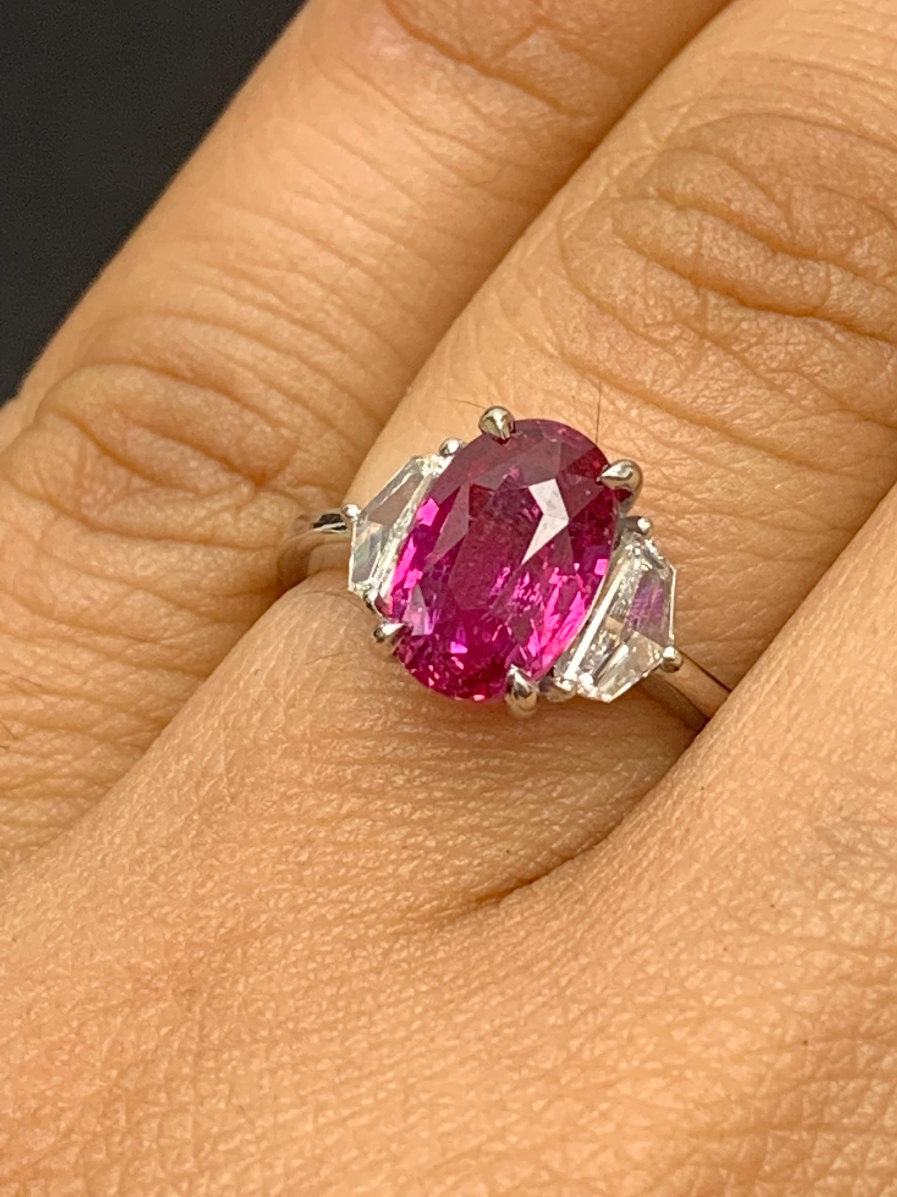 Certified 3.06 Carat Oval Cut Ruby and Diamond Engagement Ring in Platinum For Sale 2