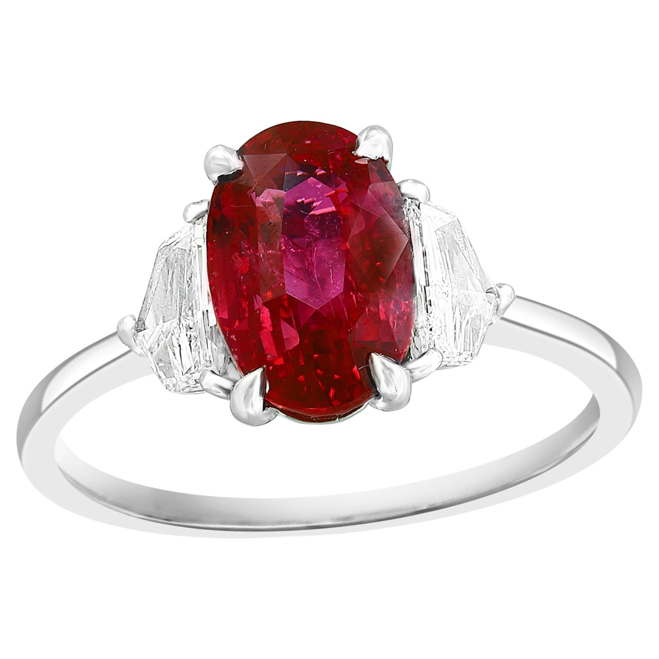 Certified 3.06 Carat Oval Cut Ruby and Diamond Engagement Ring in Platinum For Sale