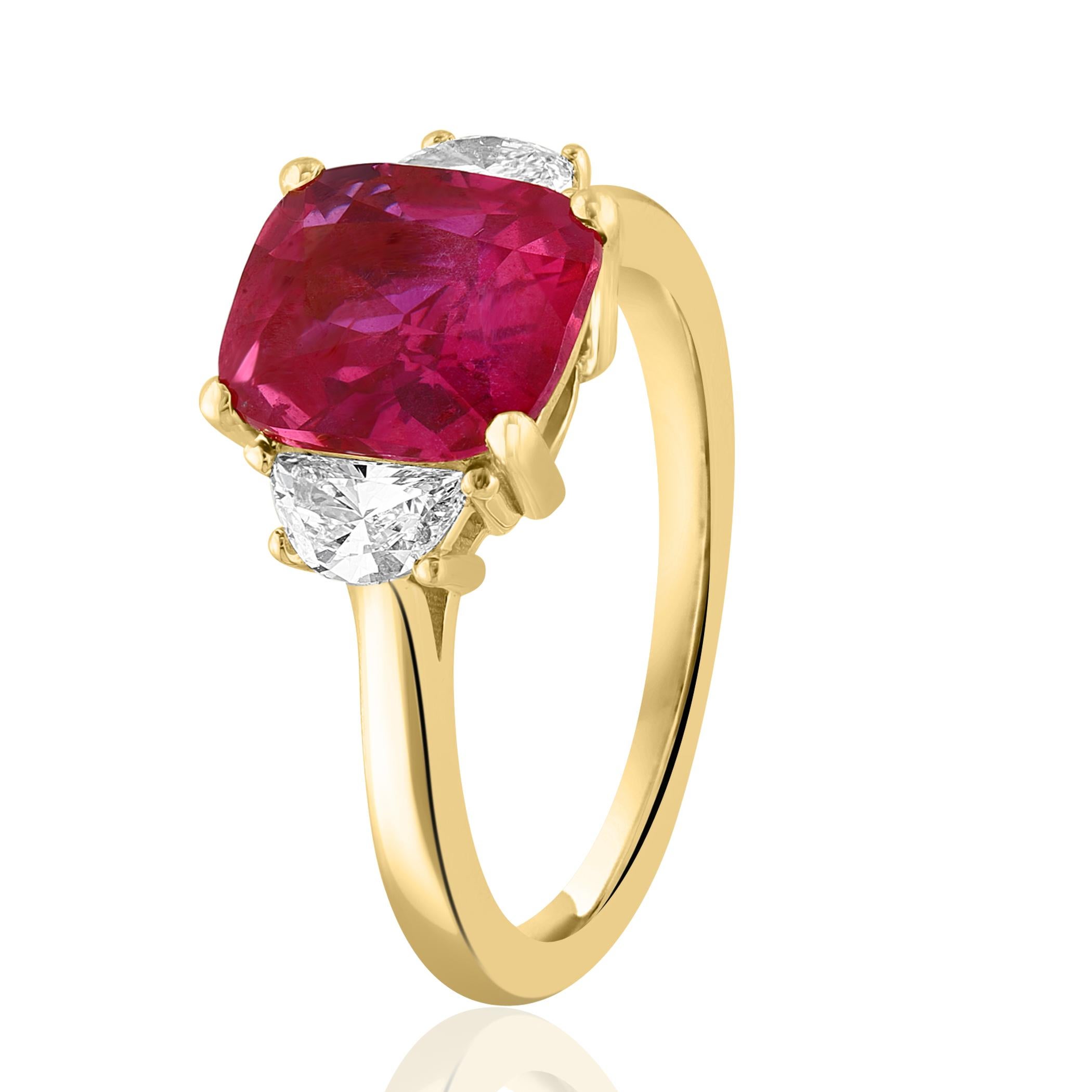 Certified 3.07 Carat Cushion Cut Ruby and Diamond Three-Stone Engagement Ring  In New Condition For Sale In NEW YORK, NY