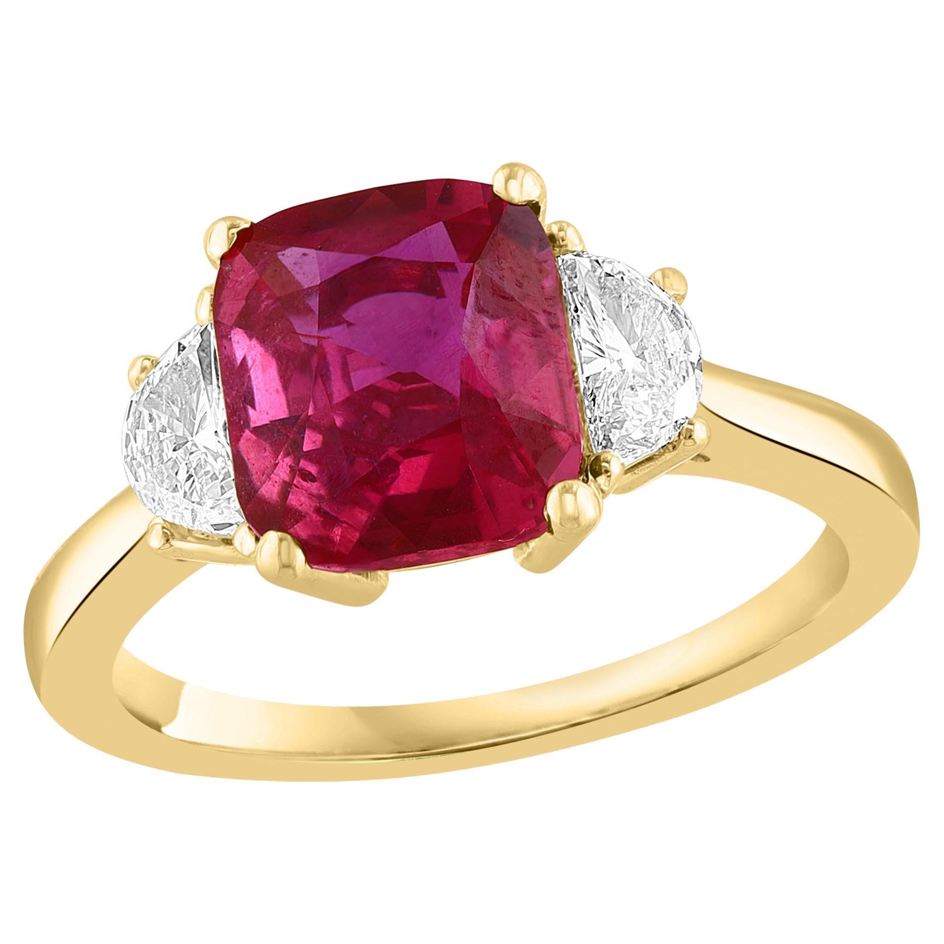 Certified 3.07 Carat Cushion Cut Ruby and Diamond Three-Stone Engagement Ring