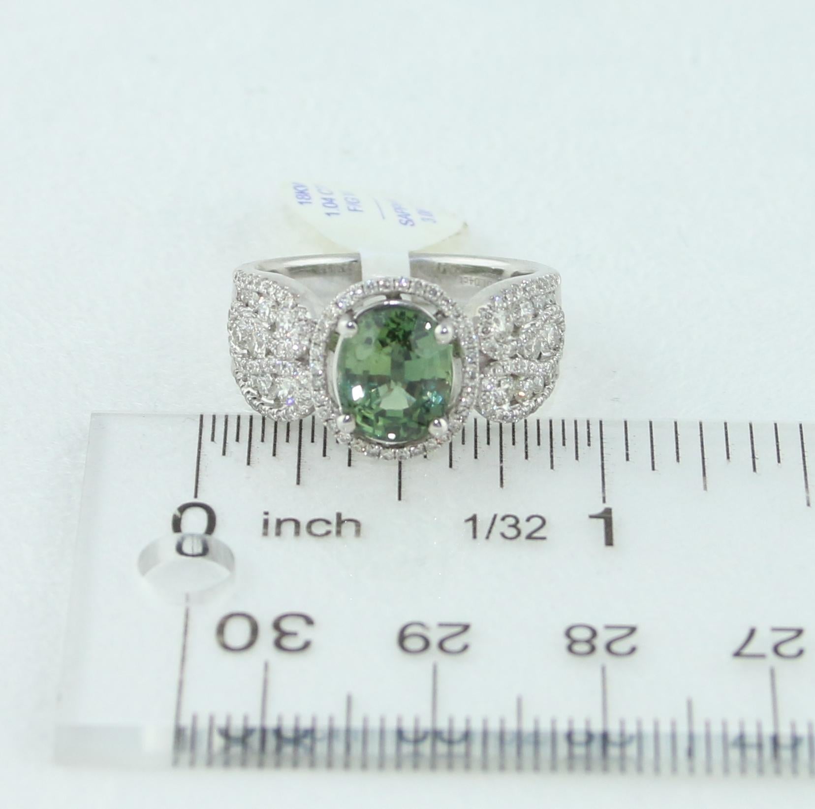 Women's Certified 3.08 Carat Oval Green Sapphire Diamond Gold Ring For Sale