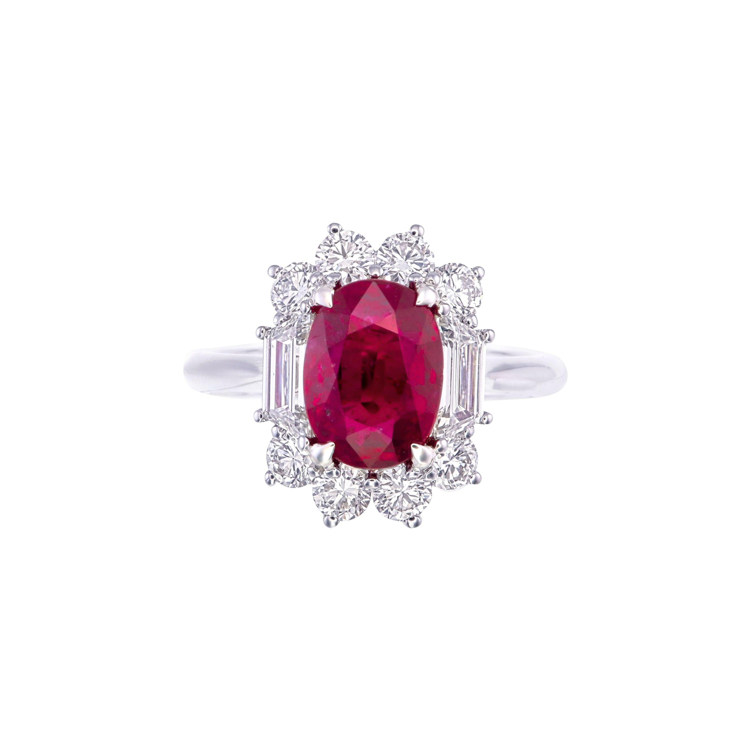 Introducing the Certified 3.08 Carat Pigeon's Blood Ruby and Diamond Ring, a masterpiece of distinctive design and luxury. At its center is a stunning 3.08-carat Pigeon's Blood ruby, renowned for its vivid, deep red hue—the most prized color for