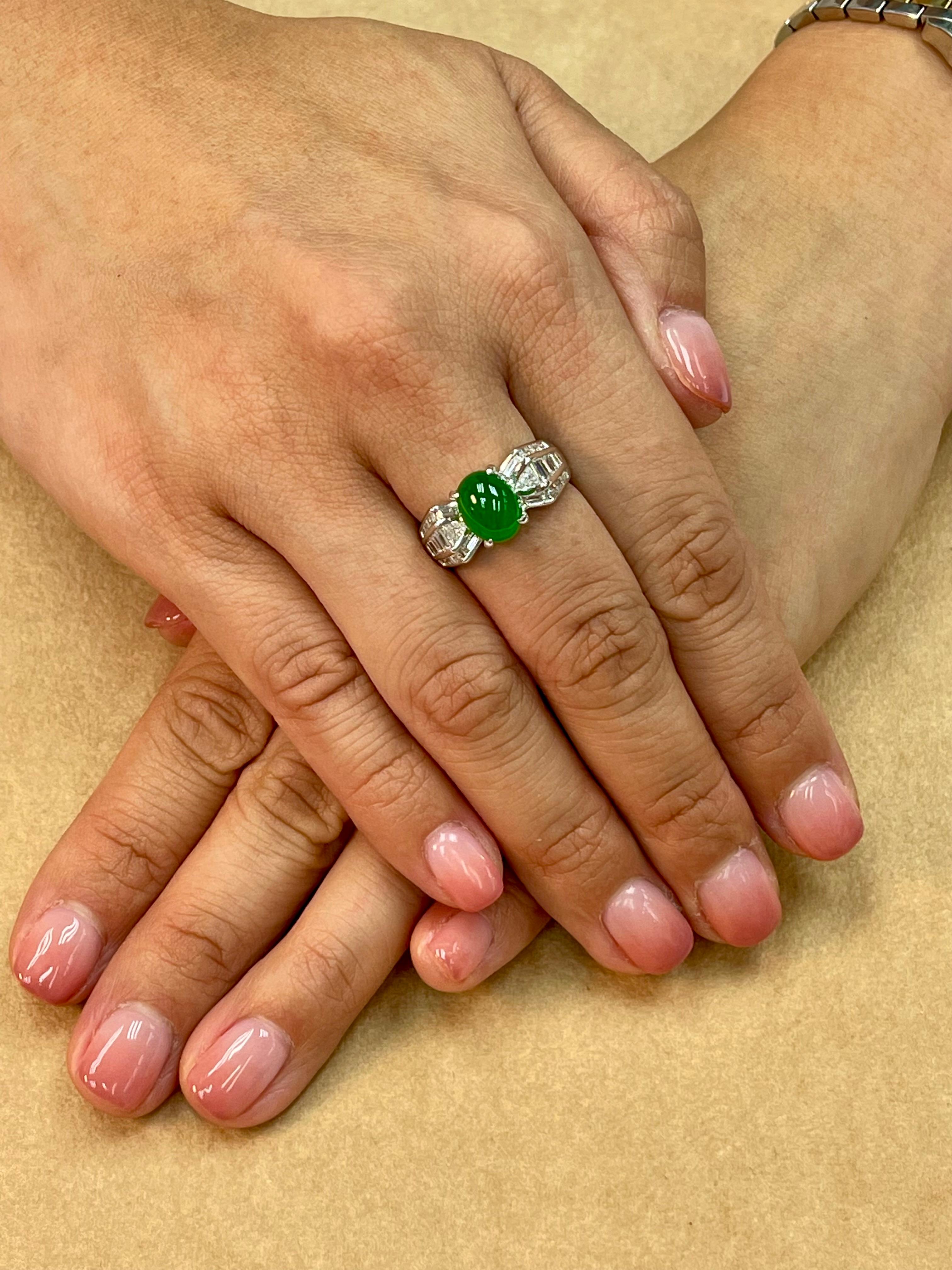 Women's Certified 3.10 Carat Jade & Diamond Cocktail Ring, Apple Green with High Dome