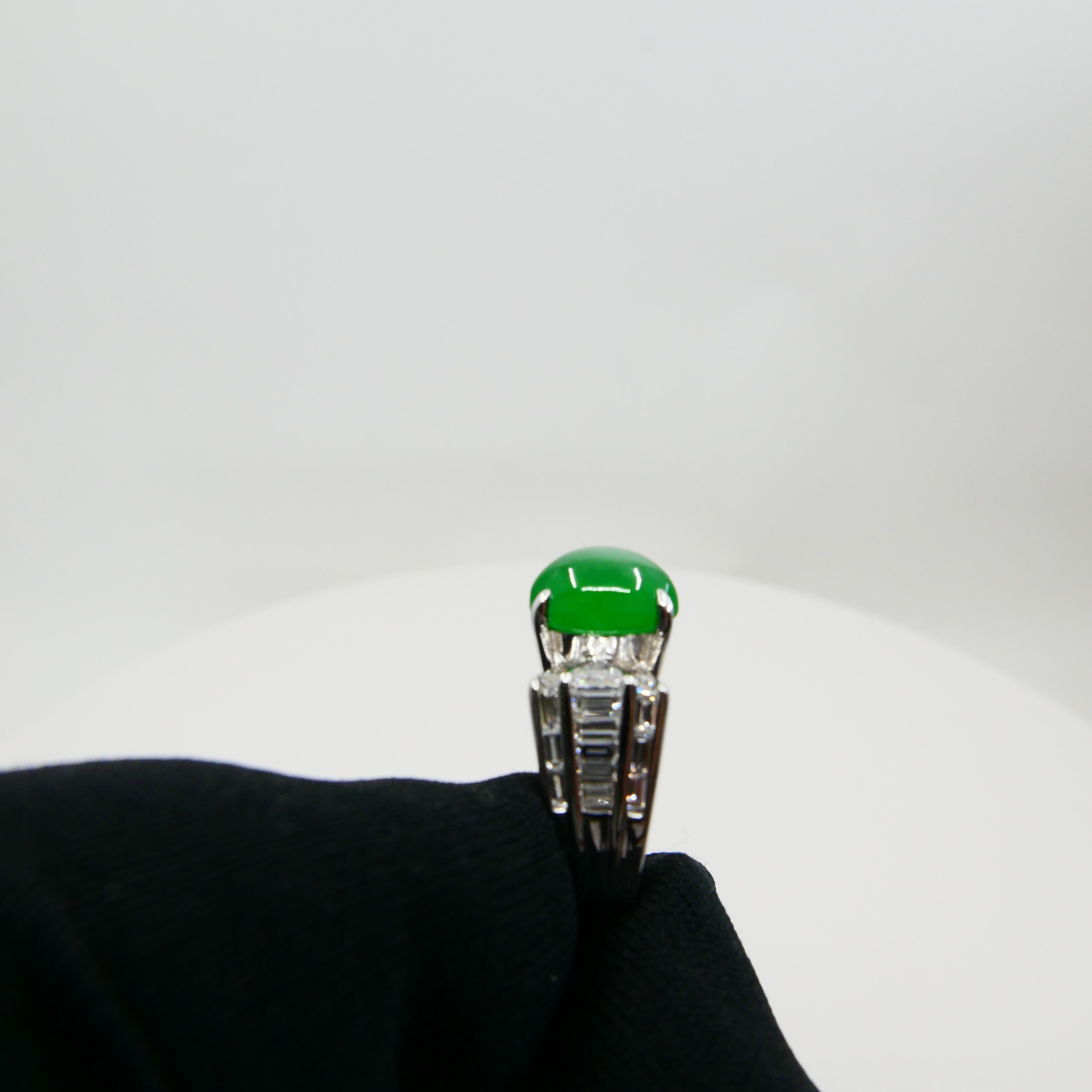 Contemporary Certified 3.10 Carat Jade & Diamond Cocktail Ring, Apple Green with High Dome