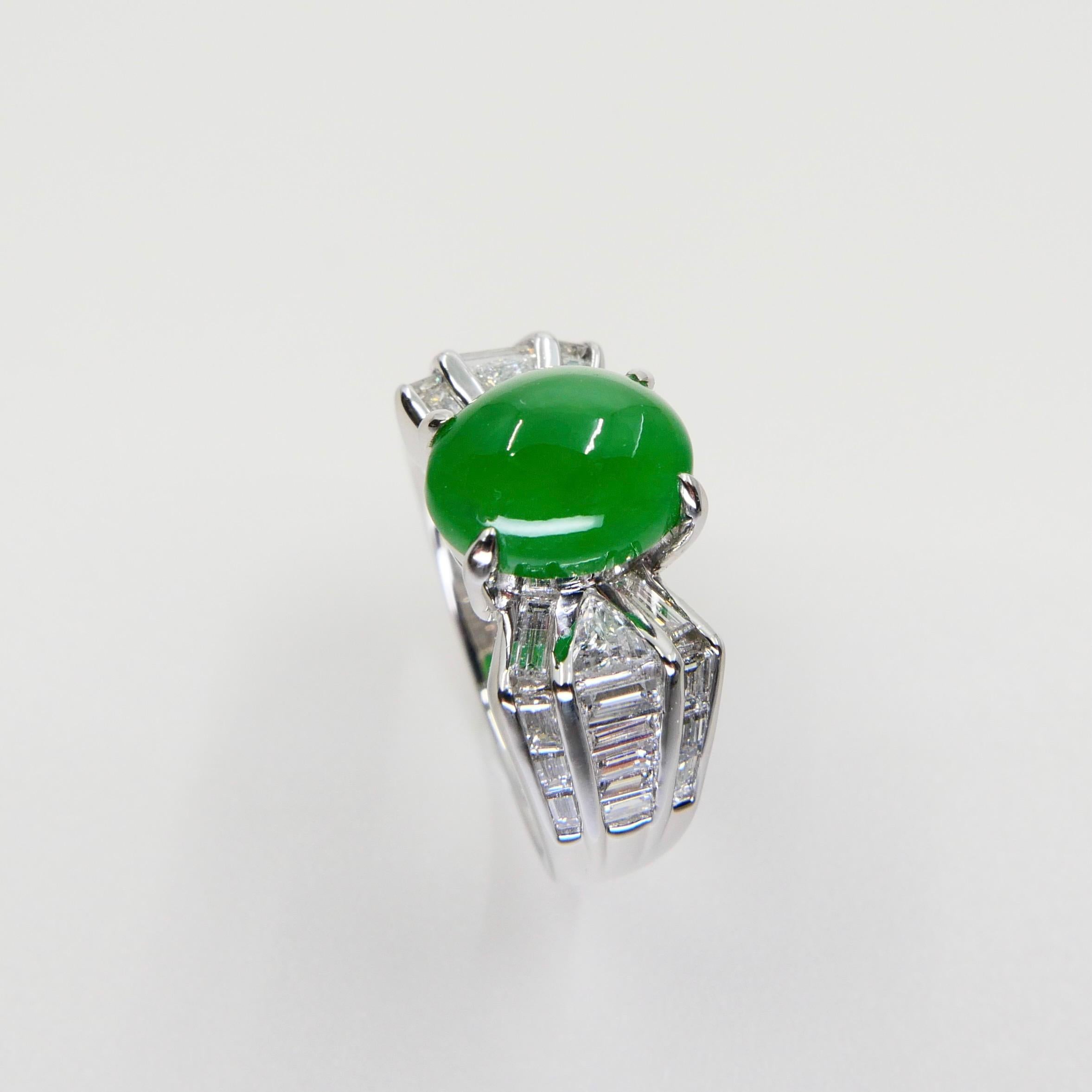 Oval Cut Certified 3.10 Carat Jade & Diamond Cocktail Ring, Apple Green with High Dome