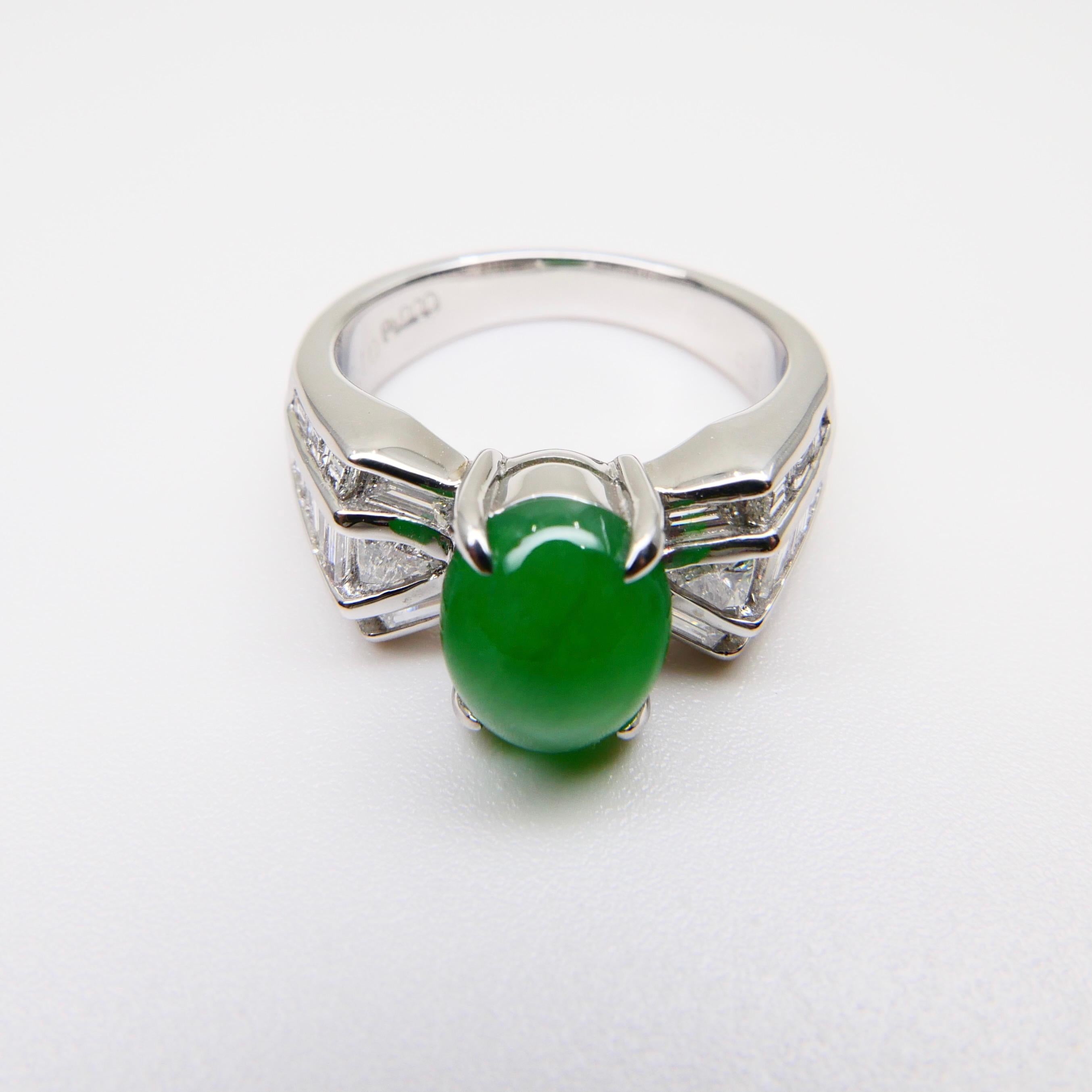 Certified 3.10 Carat Jade & Diamond Cocktail Ring, Apple Green with High Dome 3