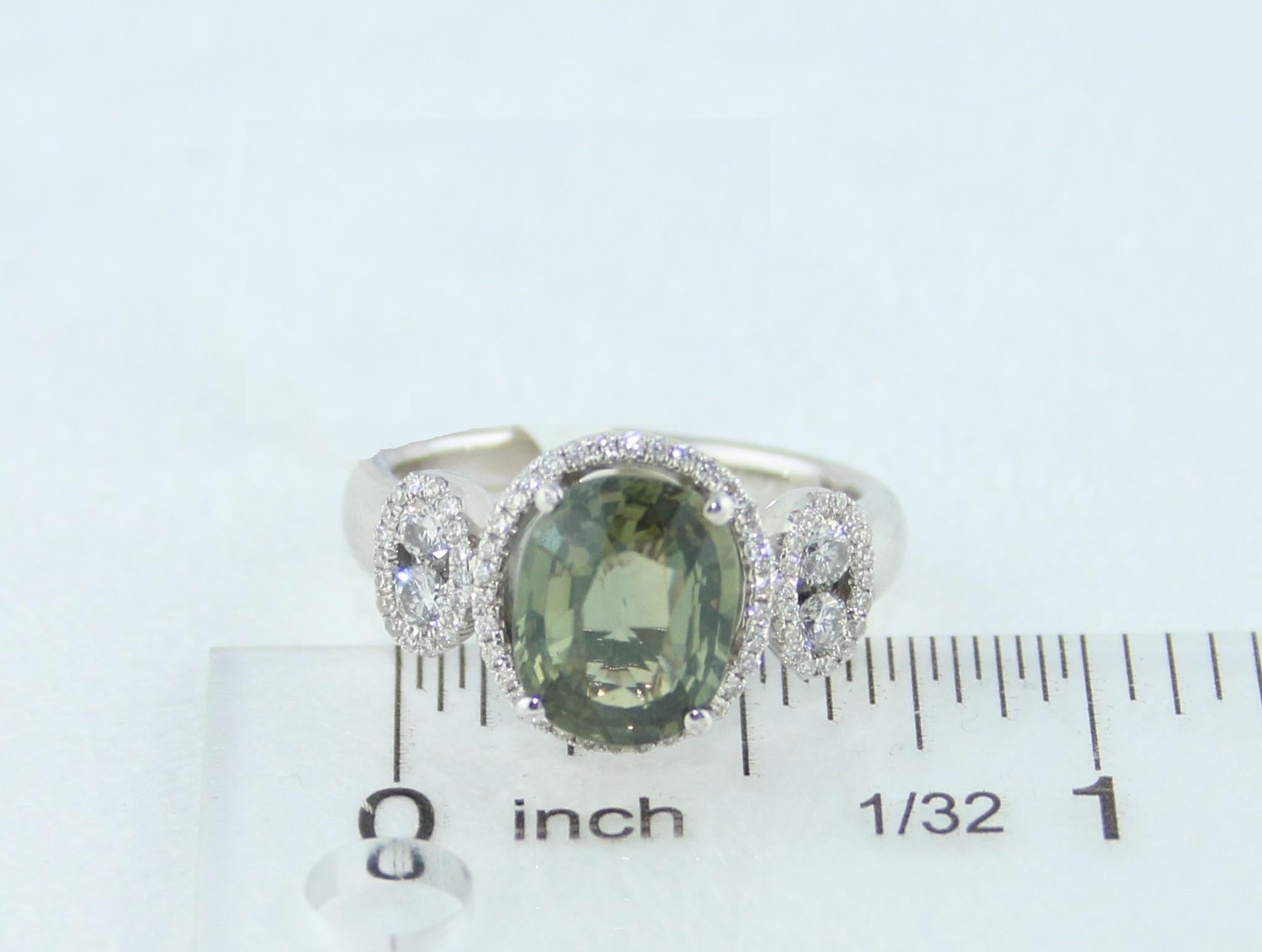 Certified 3.12 Carat No Heat Oval Greenish Yellow Sapphire Diamond Gold Ring For Sale 2