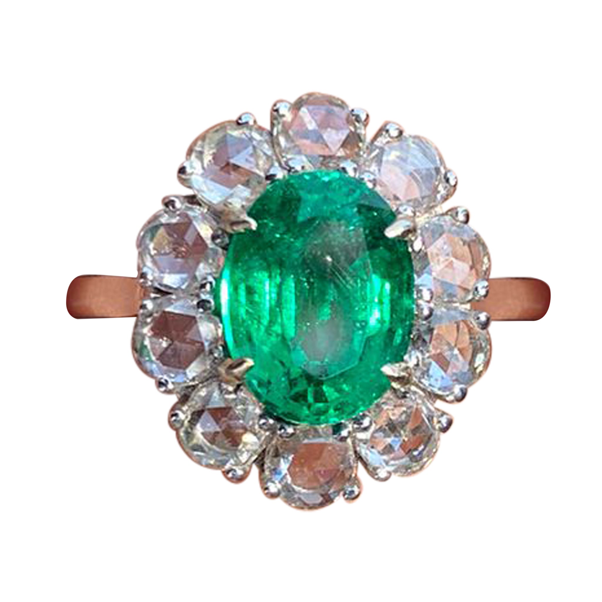 Bague de fiançailles avec émeraude ovale certifiée de 3,12 carats et diamant taille rose en vente
