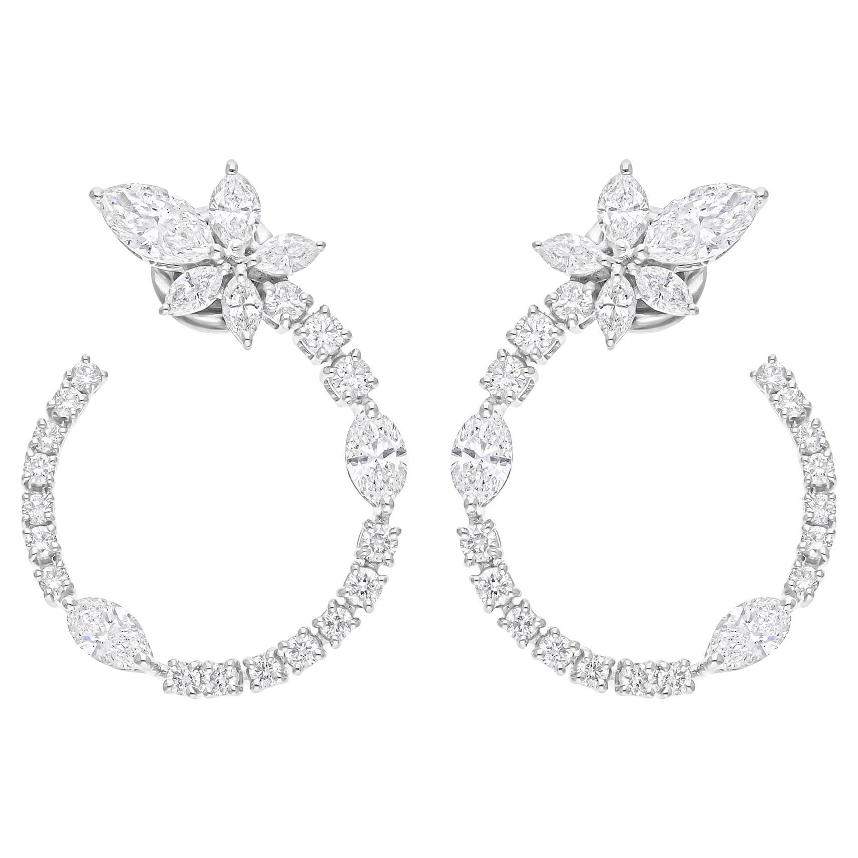 Certified 3.15 Carat Marquise Round Diamond Hoop Earrings 14 Karat White Gold For Sale