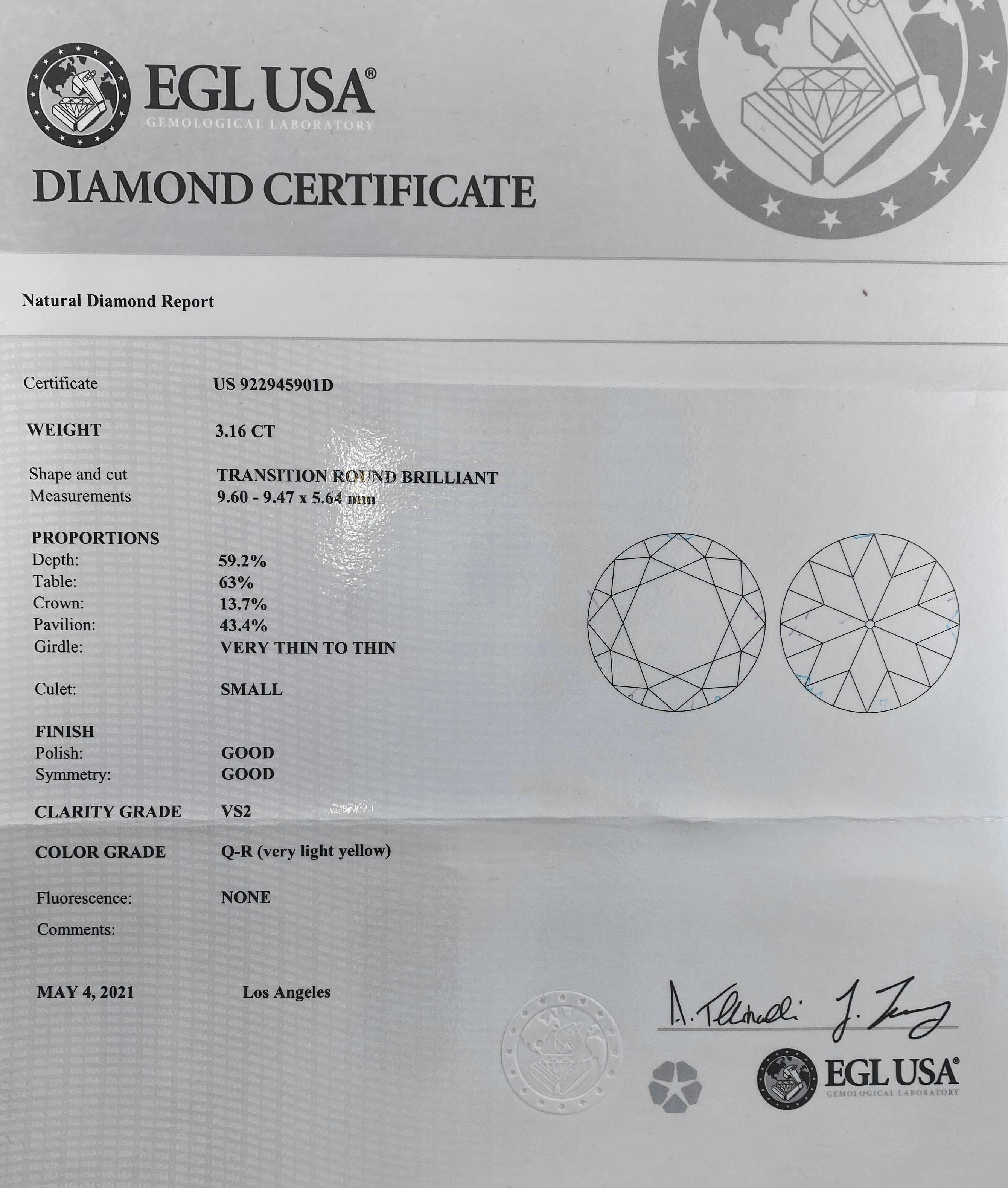 Certified 3.16 Carat Transitional Cut Diamond in Platinum & Gold 3-Stone Ring 8