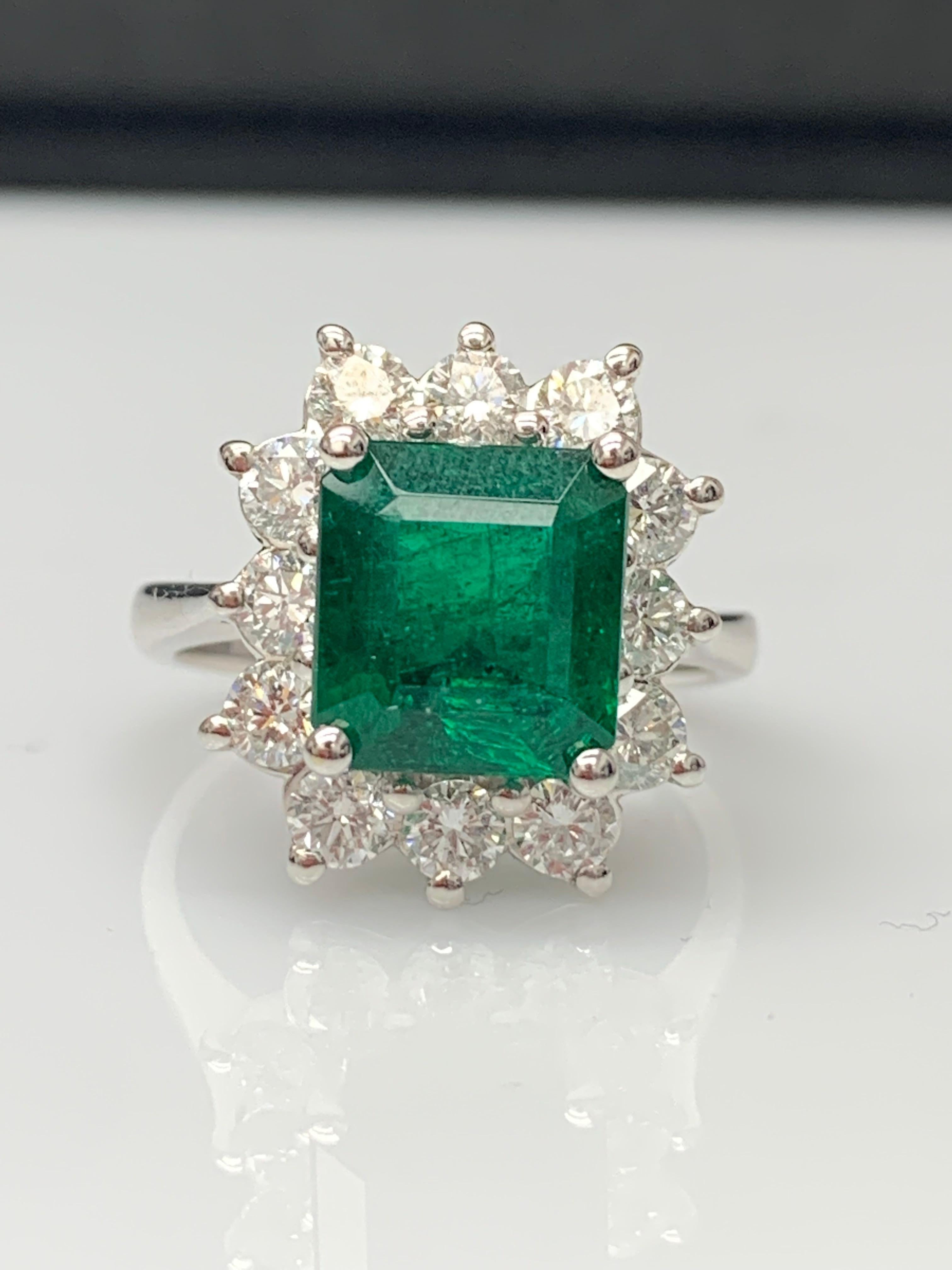 Modern Certified 3.17 Carat Emerald Cut Emerald Diamond Ring in 14K White Gold For Sale
