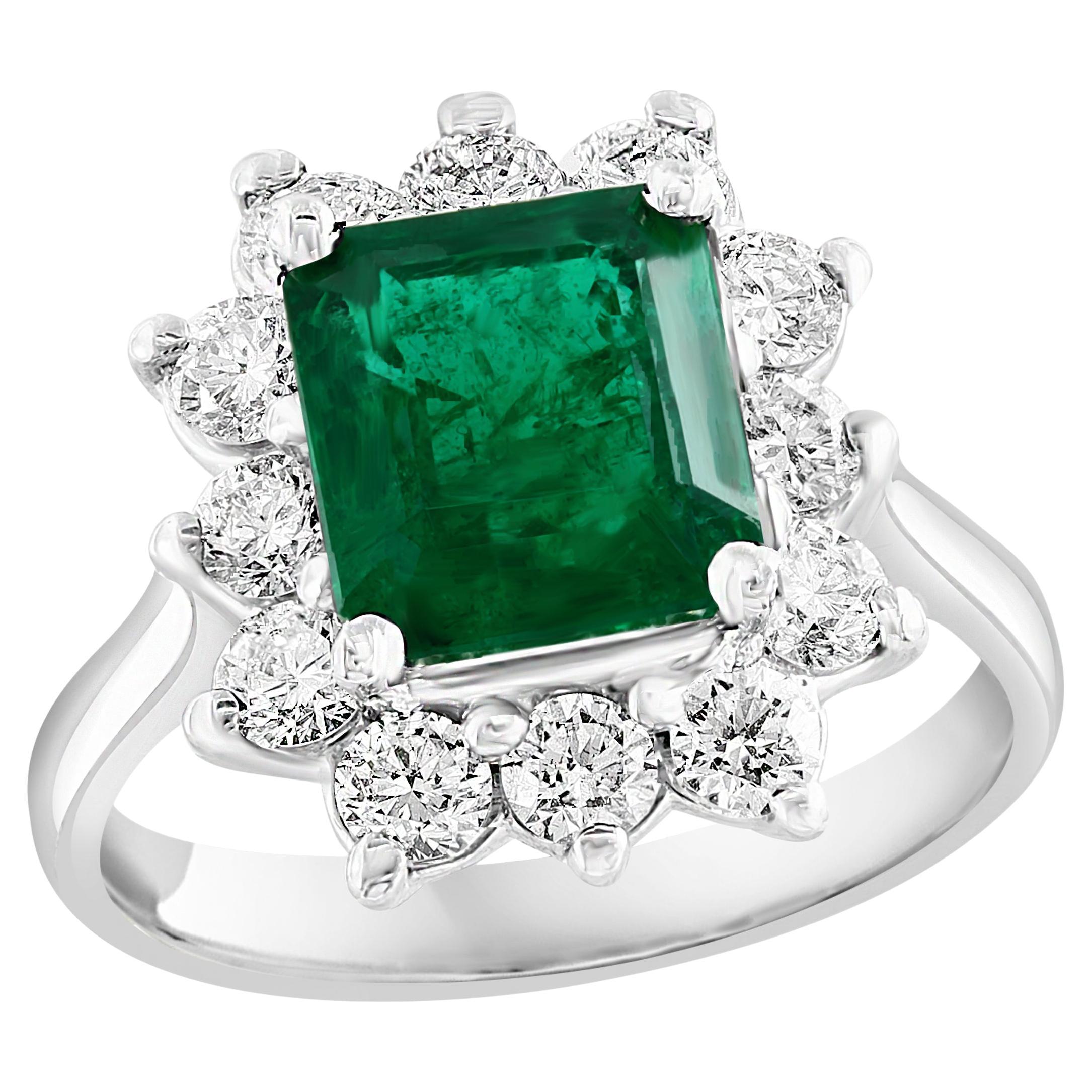 Certified 3.17 Carat Emerald Cut Emerald Diamond Ring in 14K White Gold For Sale