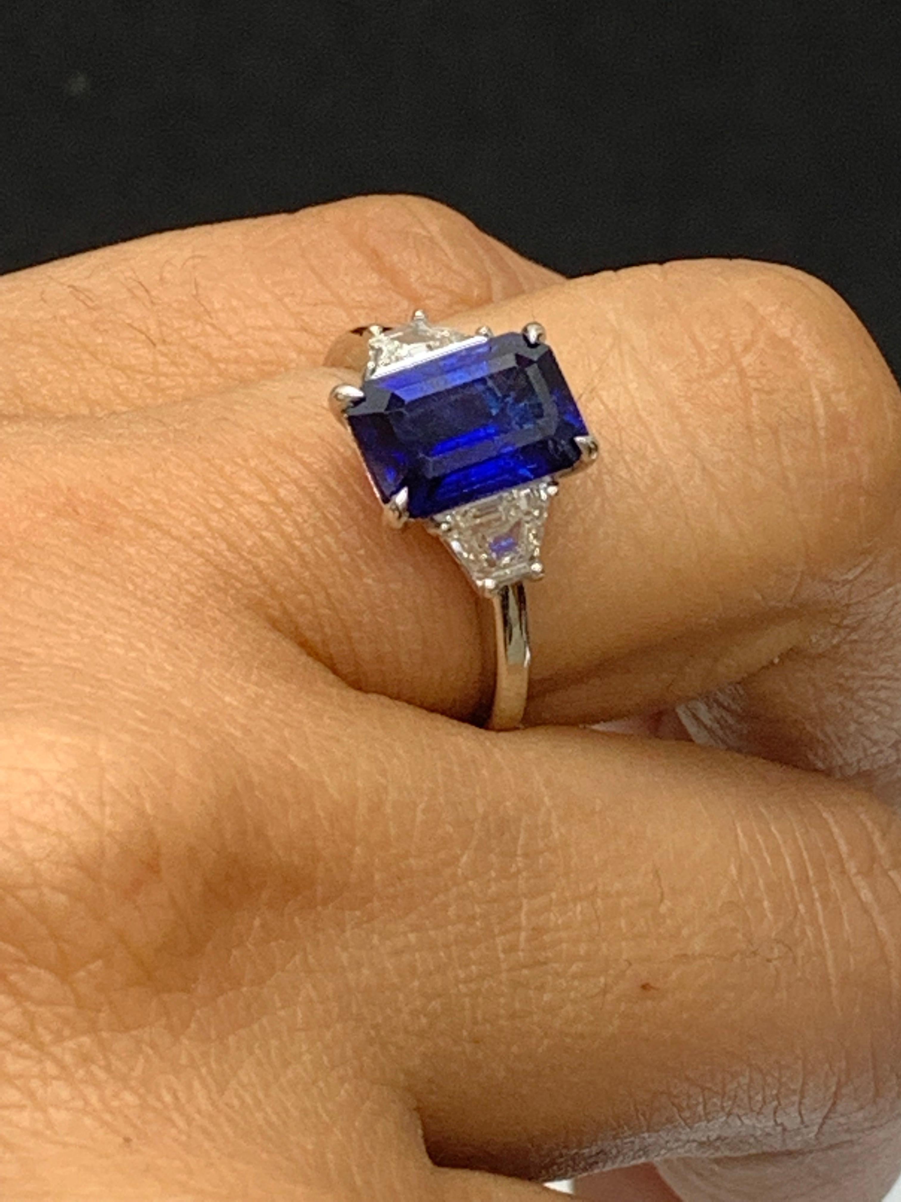Certified 3.18 Carat Emerald Cut Sapphire & Diamond Engagement Ring in Platinum For Sale 6