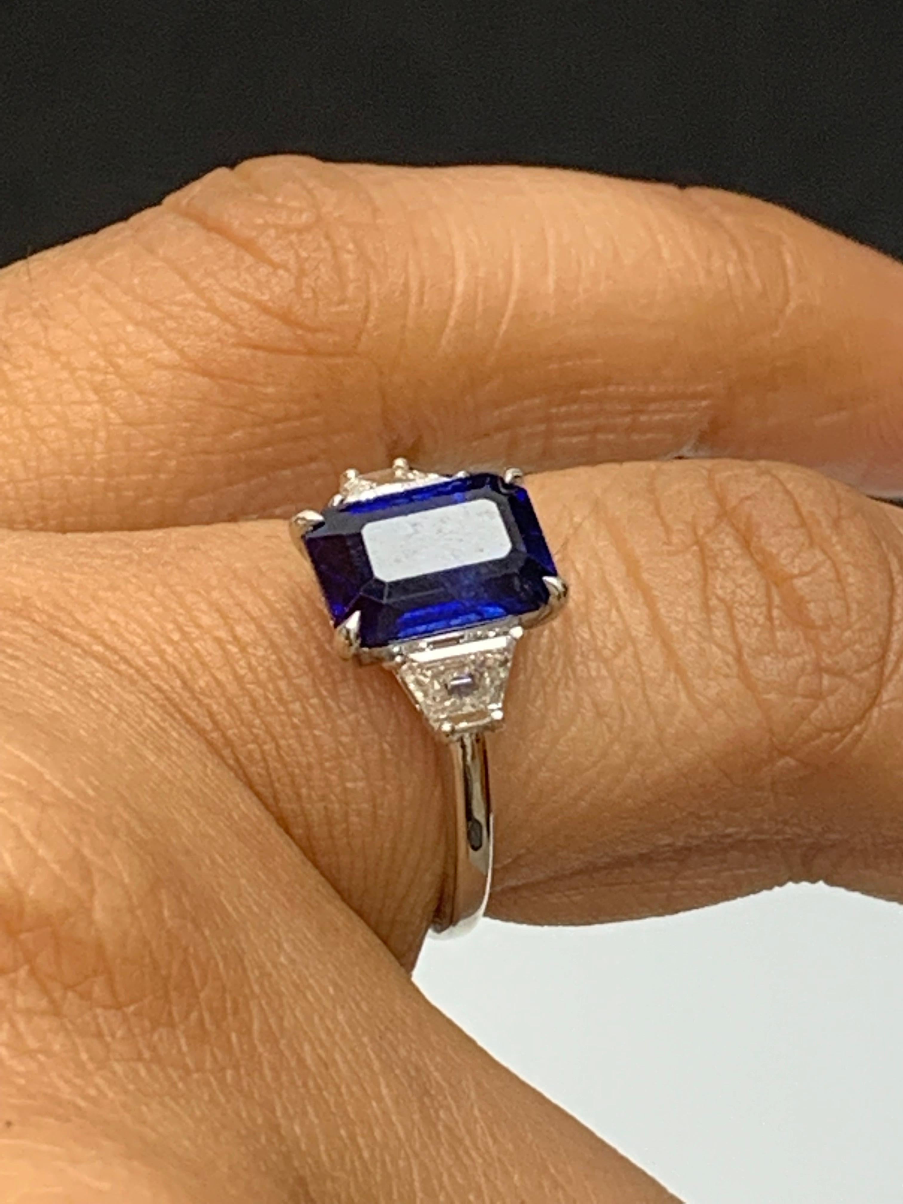 Certified 3.18 Carat Emerald Cut Sapphire & Diamond Engagement Ring in Platinum For Sale 11