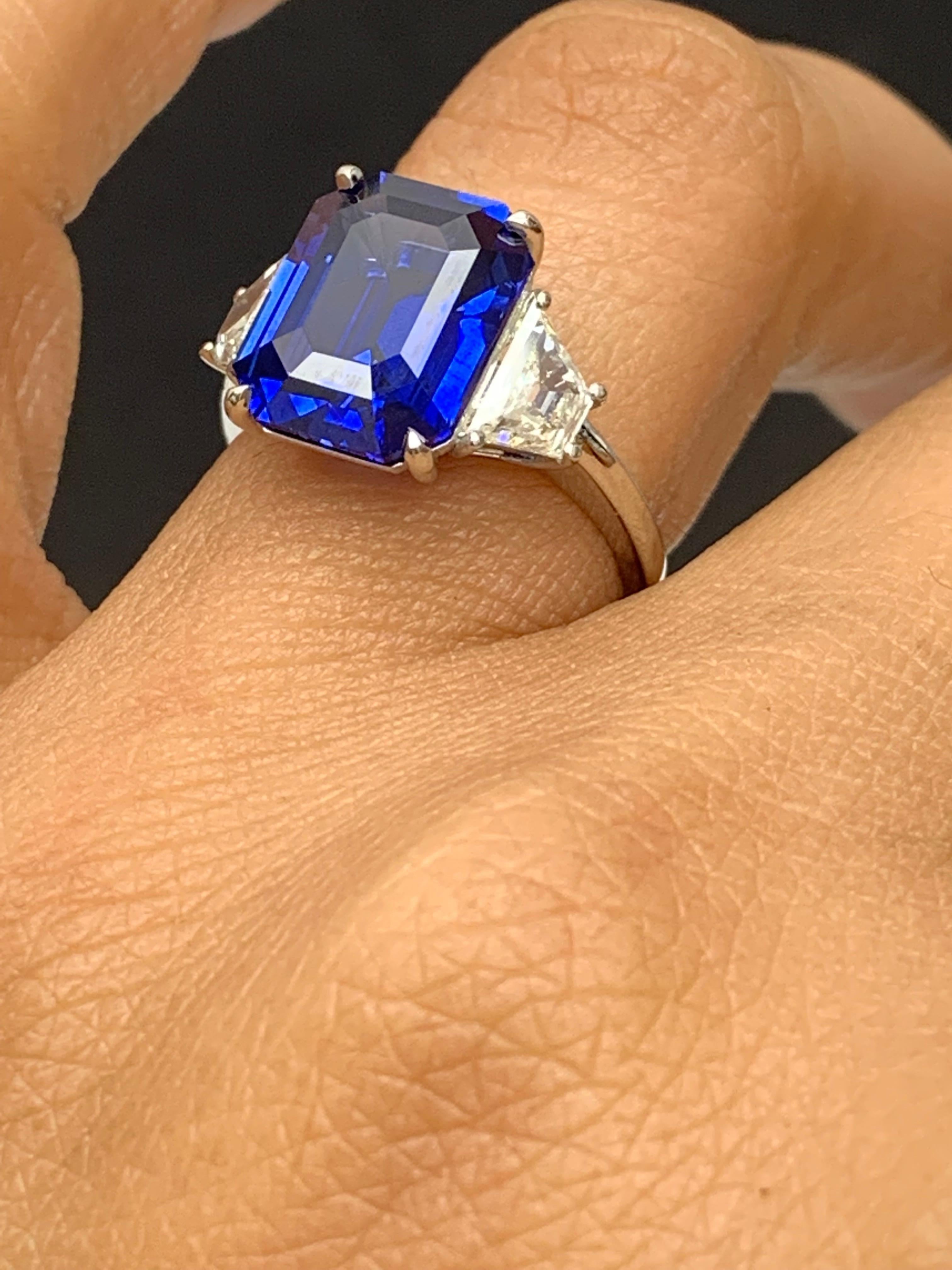 Certified 3.18 Carat Emerald Cut Sapphire & Diamond Engagement Ring in Platinum For Sale 13
