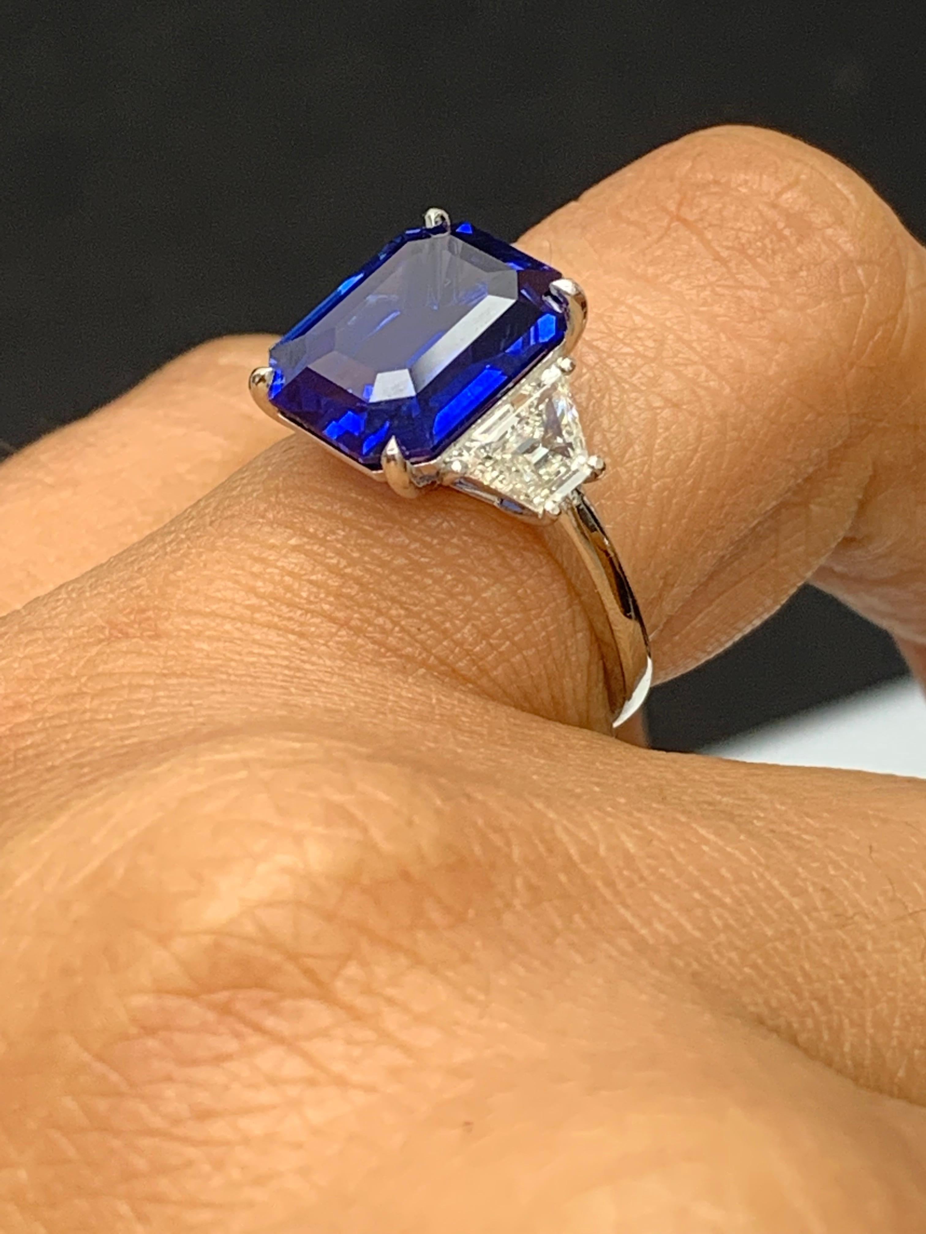Certified 3.18 Carat Emerald Cut Sapphire & Diamond Engagement Ring in Platinum For Sale 14
