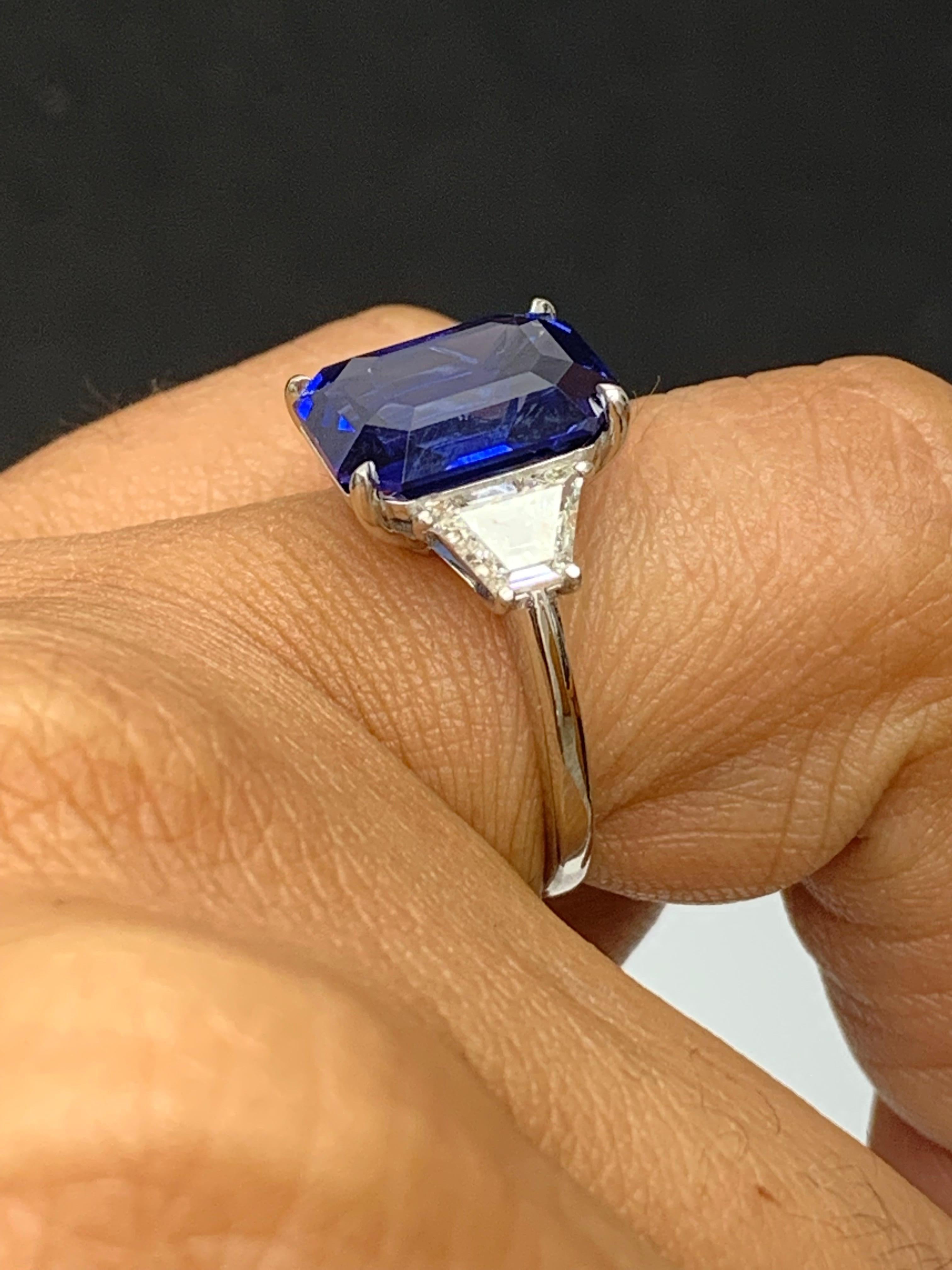 Certified 3.18 Carat Emerald Cut Sapphire & Diamond Engagement Ring in Platinum For Sale 15