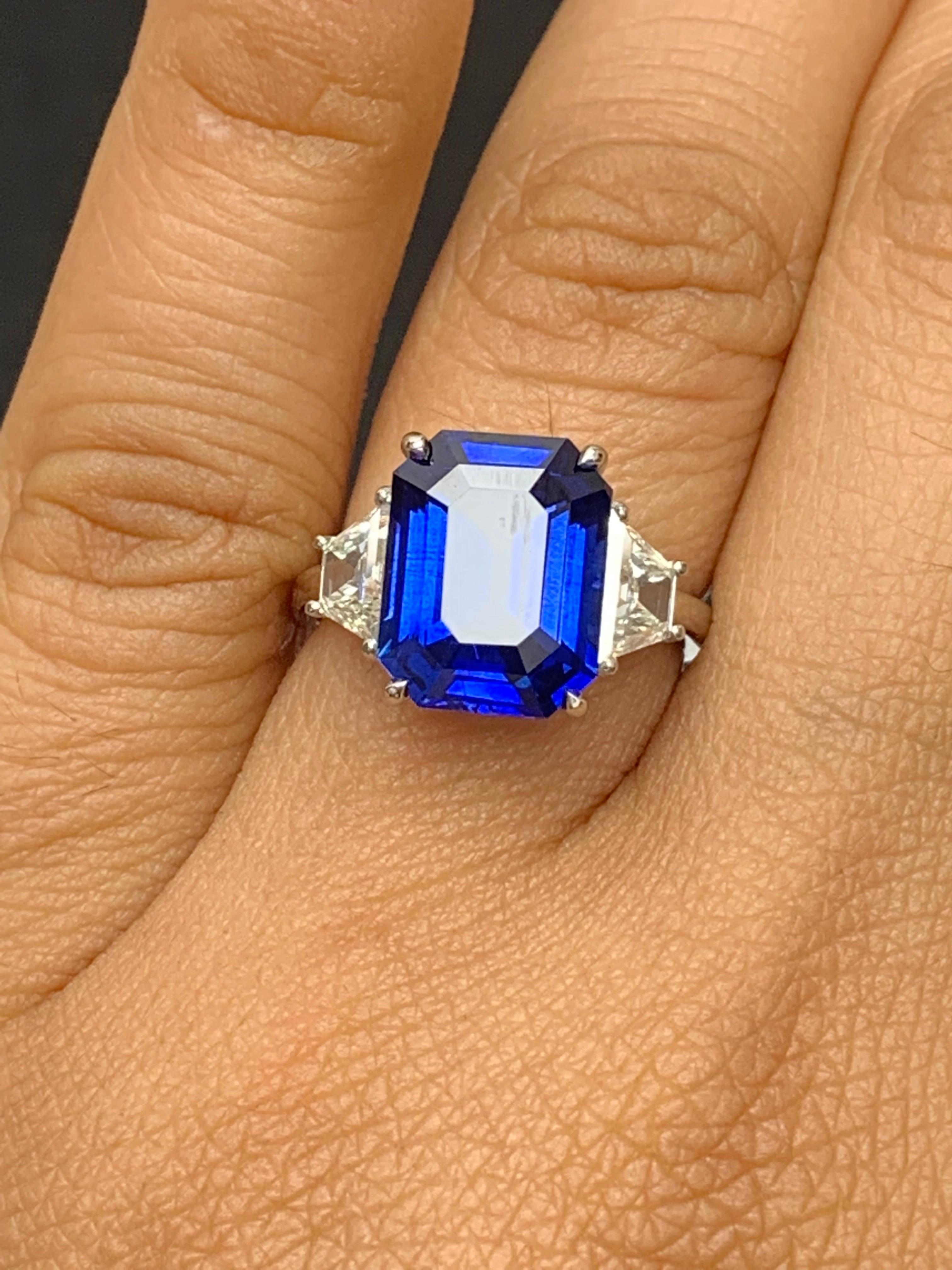 Modern Certified 3.18 Carat Emerald Cut Sapphire & Diamond Engagement Ring in Platinum For Sale