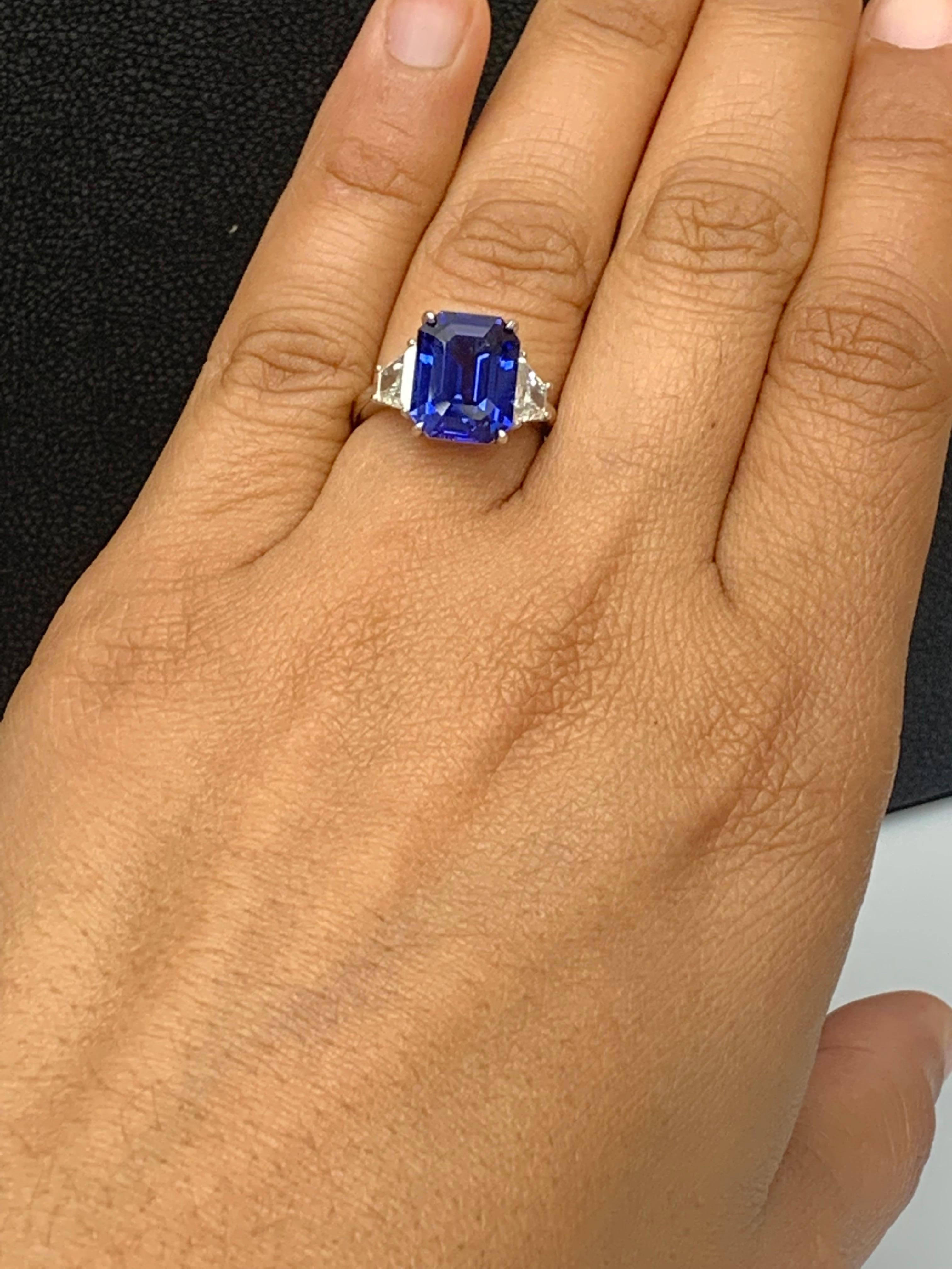 Women's Certified 3.18 Carat Emerald Cut Sapphire & Diamond Engagement Ring in Platinum For Sale