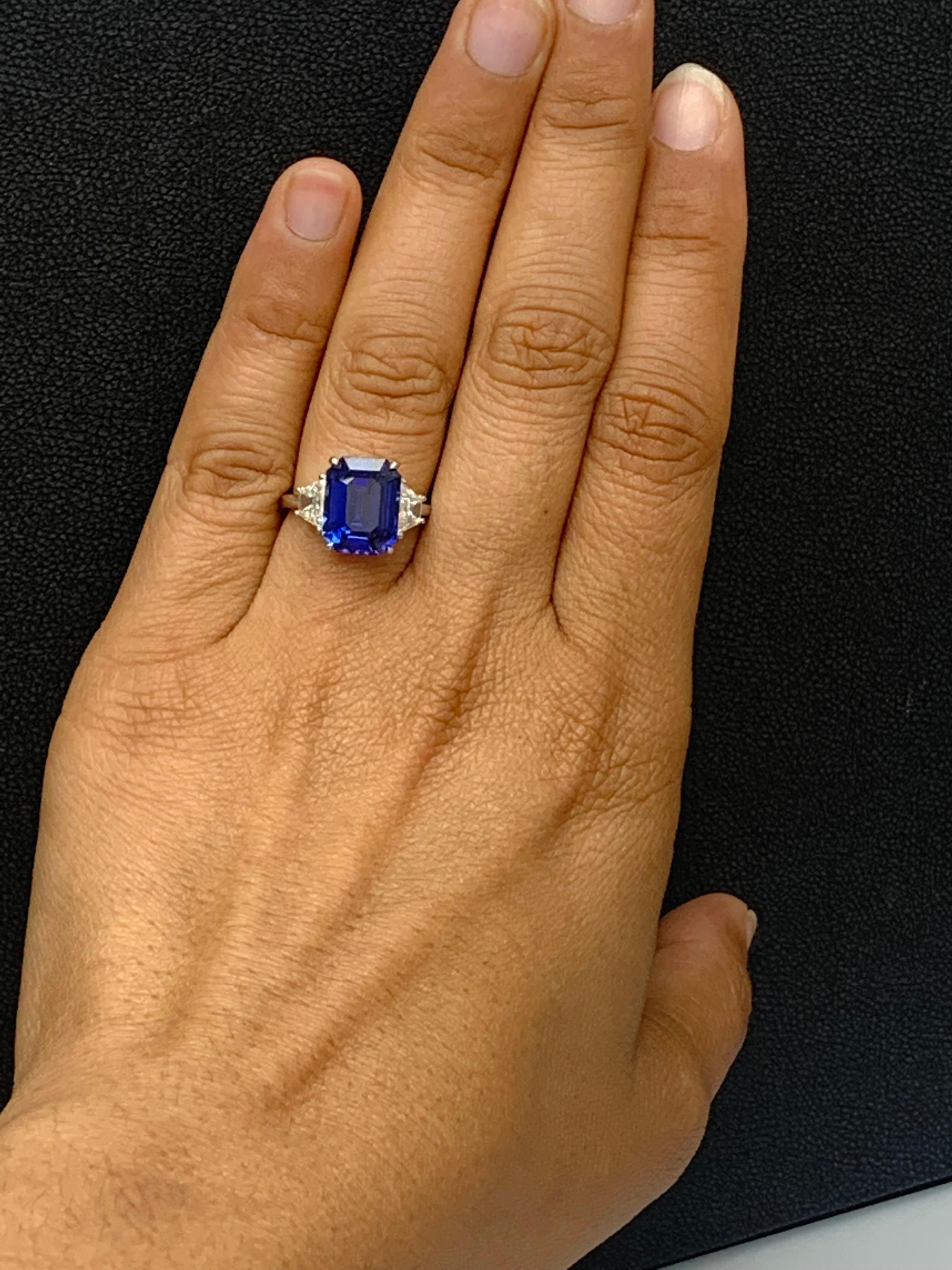 Certified 3.18 Carat Emerald Cut Sapphire & Diamond Engagement Ring in Platinum For Sale 2