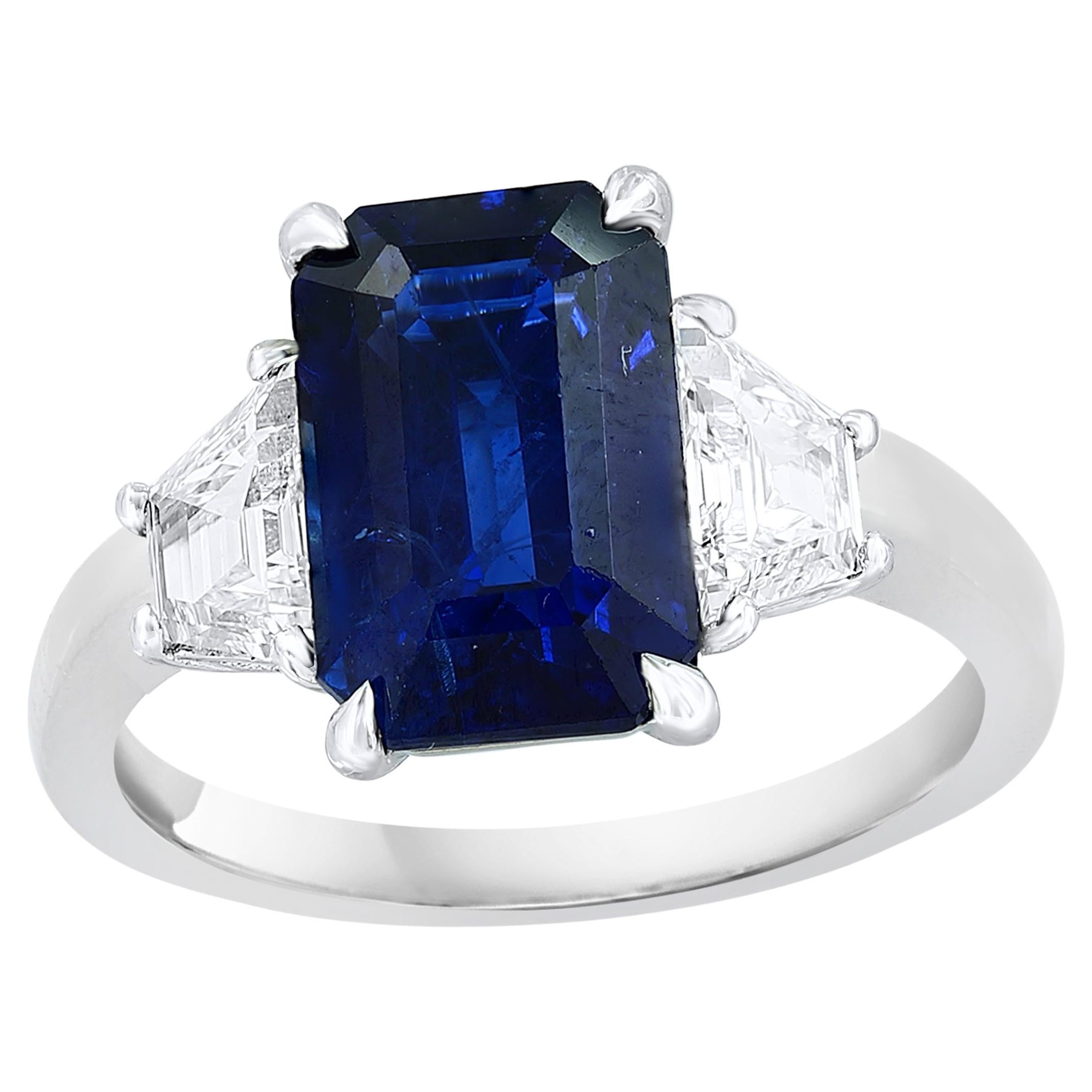 Certified 3.18 Carat Emerald Cut Sapphire & Diamond Engagement Ring in Platinum For Sale