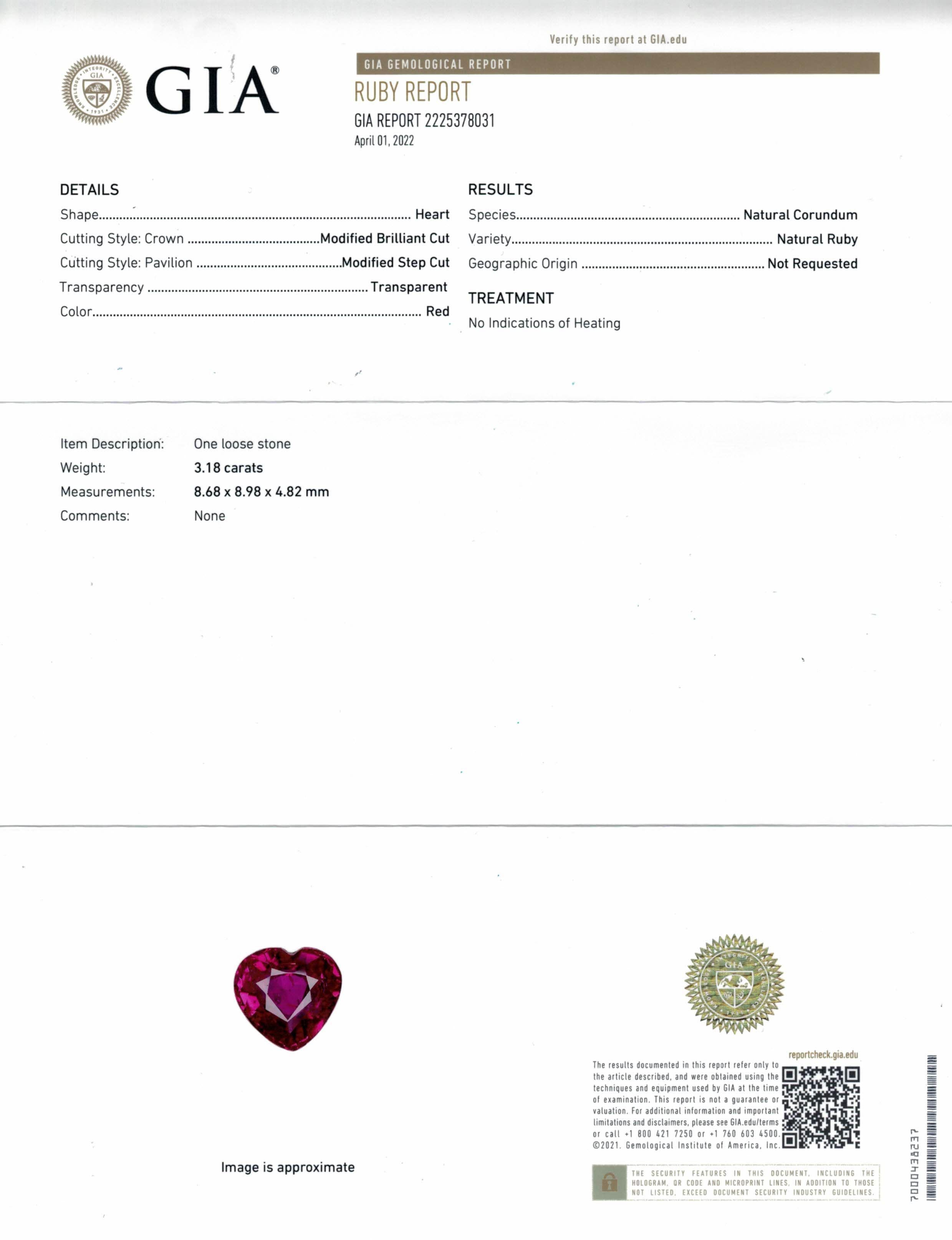 Mostra un rubino a forma di cuore CERTIFICATO non riscaldato del peso di 5,14 carati, circondato da un'unica fila di 22 diamanti tondi brillanti sul lato. Incastonato in una fascia di platino con diamanti. I diamanti incolori pesano in totale 0,46