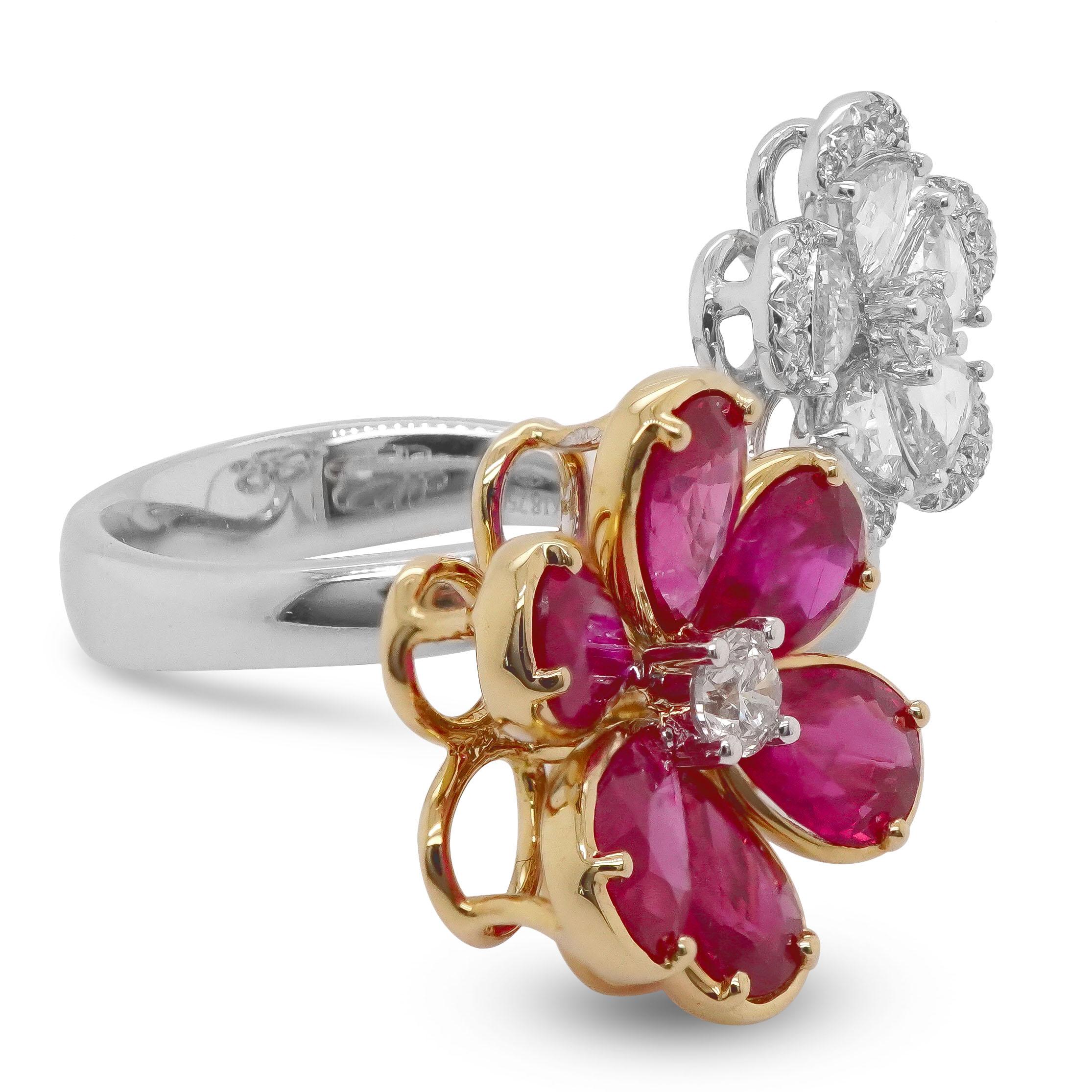 A beautiful cocktail split finger ring consists of 3.19 carat of certified ruby and 0. 77 carat of white diamonds. The ring is certified in Japan and the image of the certificate can be found with the images of the ring. 