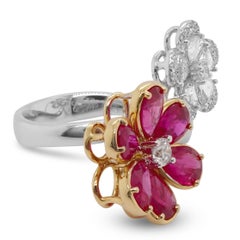 Certified 3.19 Carat Vivid Red Ruby & Diamond Petal Cocktail Ring 18K