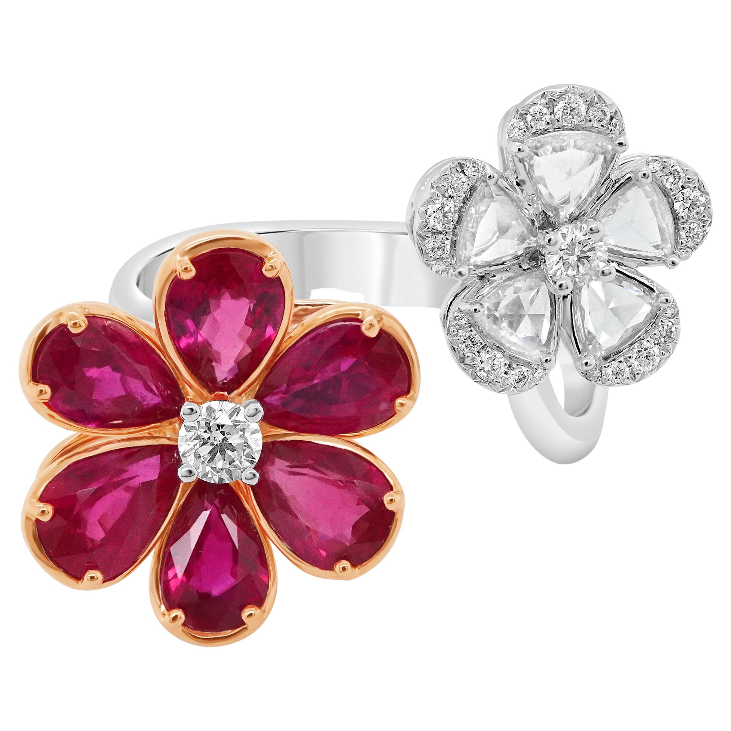 Certified 3.19 Carat Vivid Red Ruby & Diamond Petal Cocktail Ring 18K For Sale