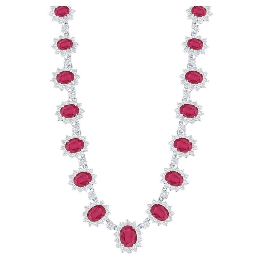 Collier en or 18 carats certifié de 31,96 carats de rubis et de diamants de Birmanie de taille ovale