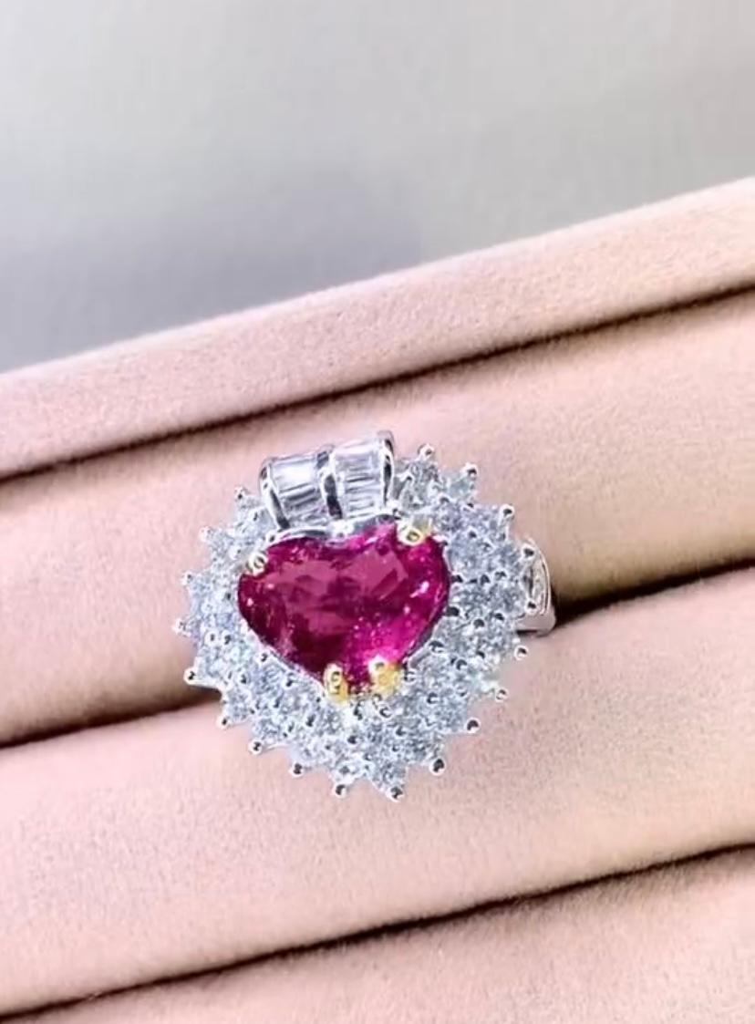 Heart Cut Certified 3.20 Carat Rubellite Tourmaline 1.90 Ct Diamonds 18K Gold Ring For Sale