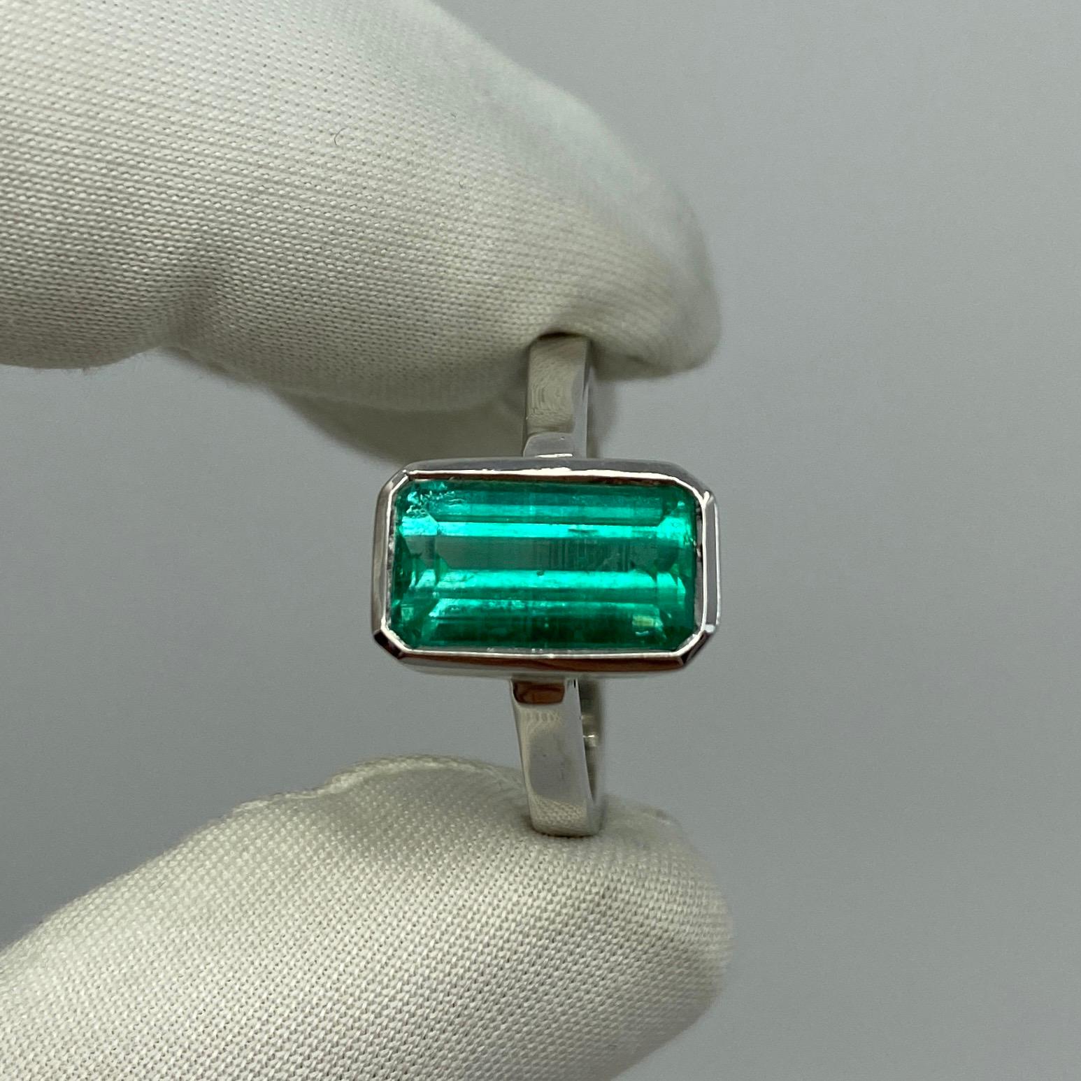 Unique Fine Natural Vivid Green Colombian Emerald Ring.

Stunning large 3.22 carat stone with a fine vivid green colour. Top grade stone with exceptional clarity. Very clean stone, particularly by emerald standards.
The colour on this emerald is