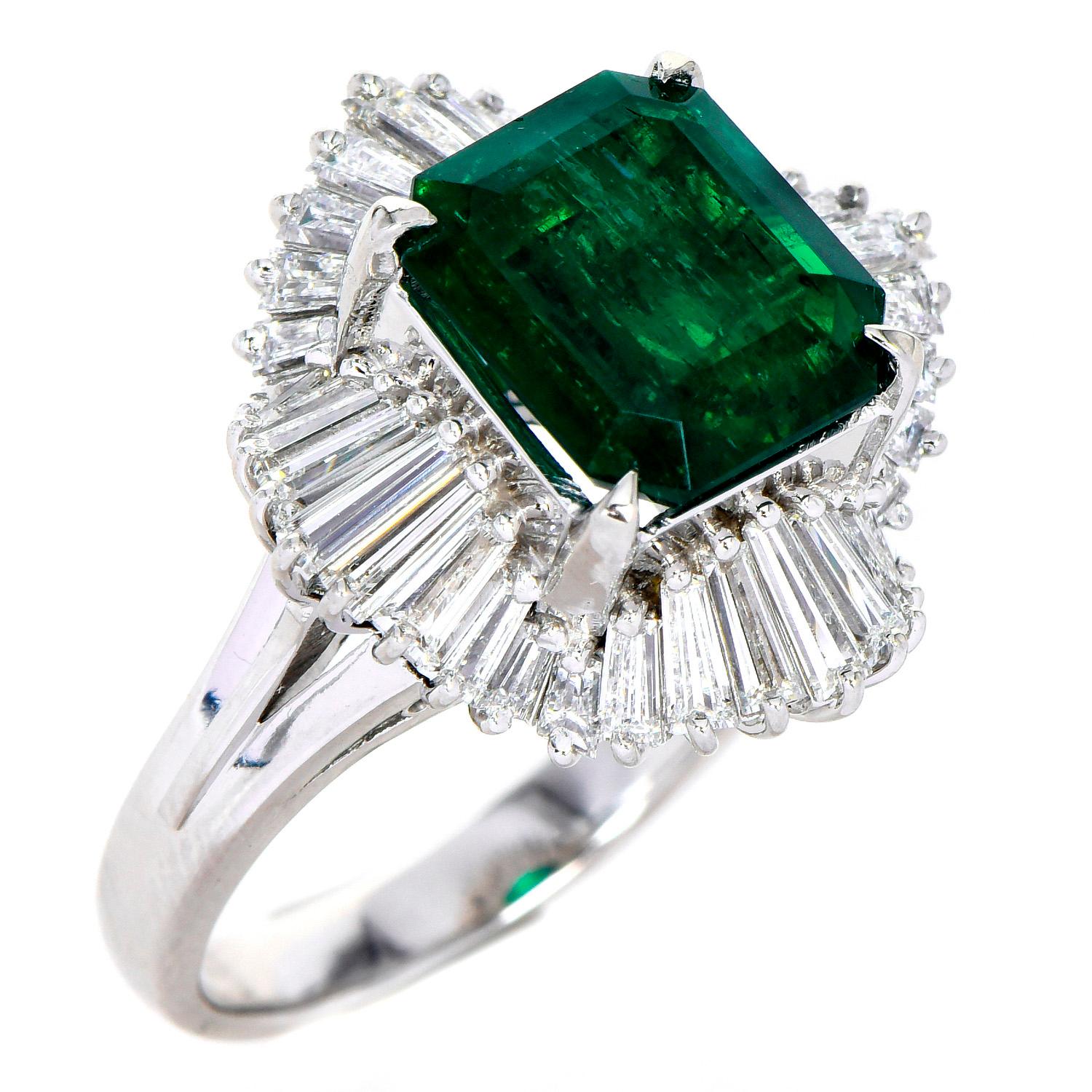Emerald Cut Certified 3.22ct Muzo Colombian Emerald Diamond Platinum Ballerina Ring