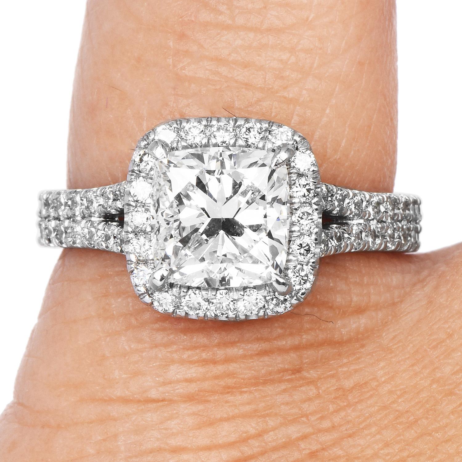 Certified 3.25ct Cushion Cut Diamond Platinum Halo Engagement Ring In Excellent Condition In Miami, FL