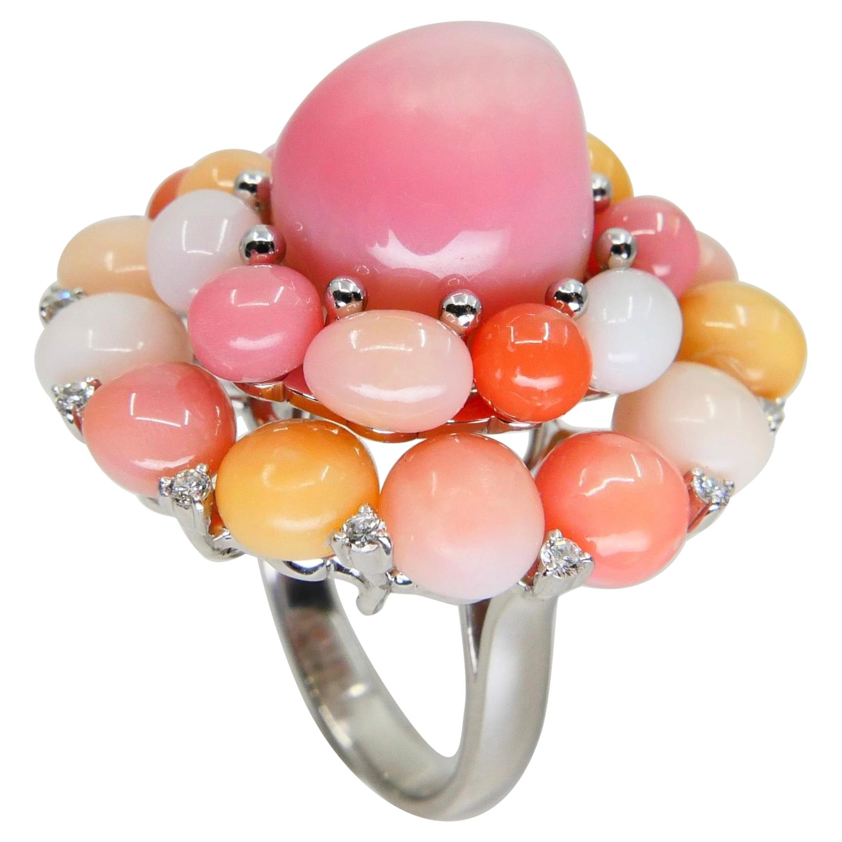 Certified 33.0 CTW Conch Pearls & Diamond Cocktail Cluster Ring, Baby Pink