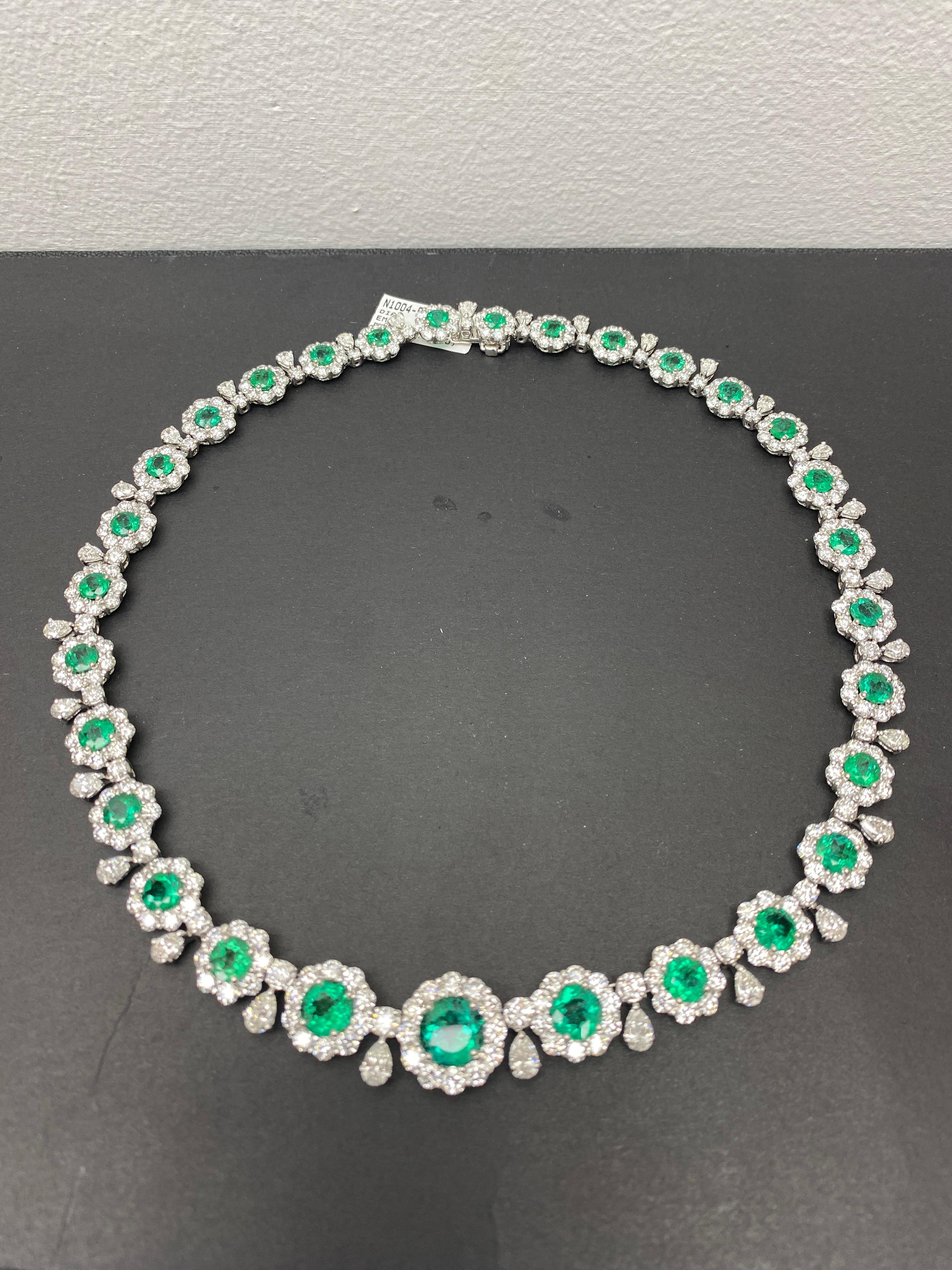 20.92 Carat Round shape Emeralds and Diamond Necklace in Platinum For Sale 14
