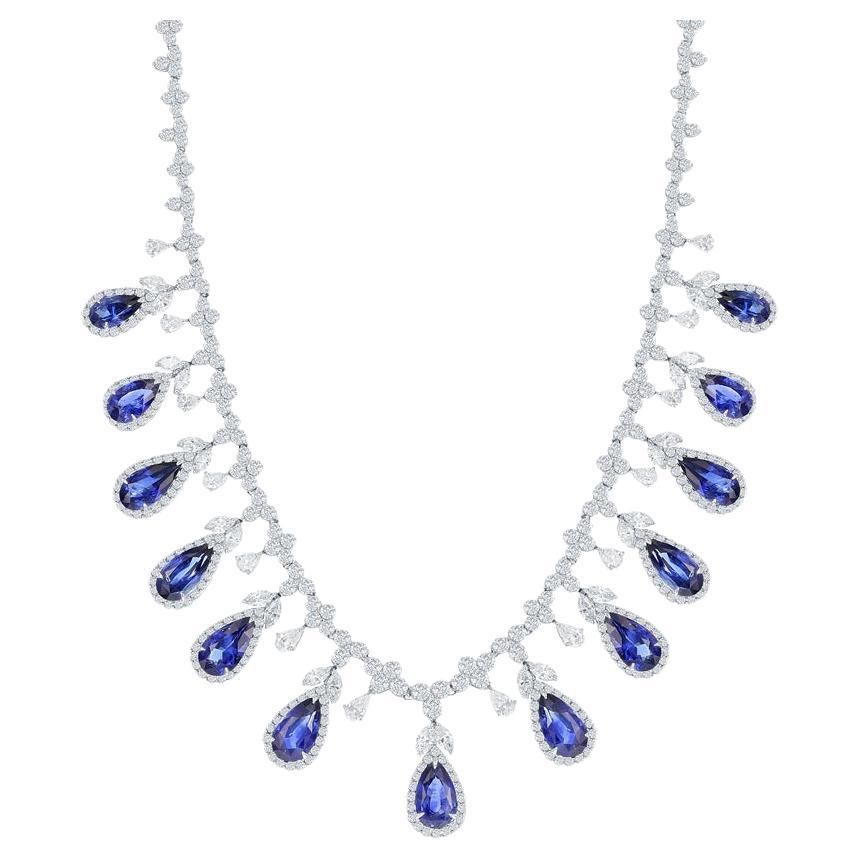 CERTIFICATA Collana di zaffiri e diamanti a forma di pera da 33,68 carati in platino in vendita