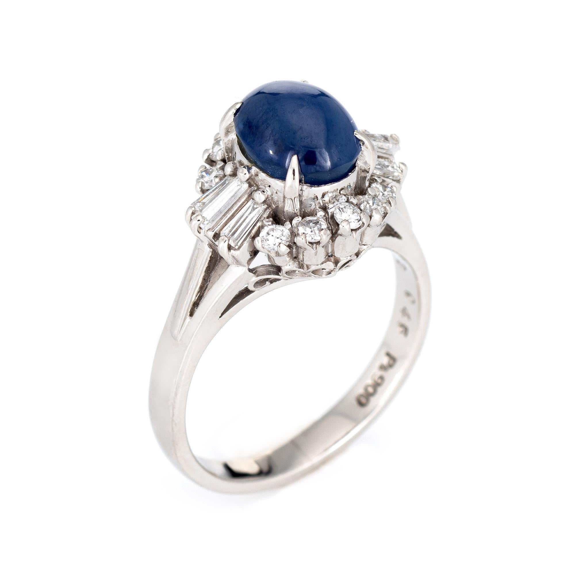 Stylish 3.40ct natural Ceylon blue star sapphire & diamond gemstone ring crafted in platinum. 

Cabochon cut natural star sapphire, 3.40ct (7.96 x 6.35 x 5.25mm), dark blue color, lightly included, good cut, Ceylon (Sri Lanka) origin, no treatments,