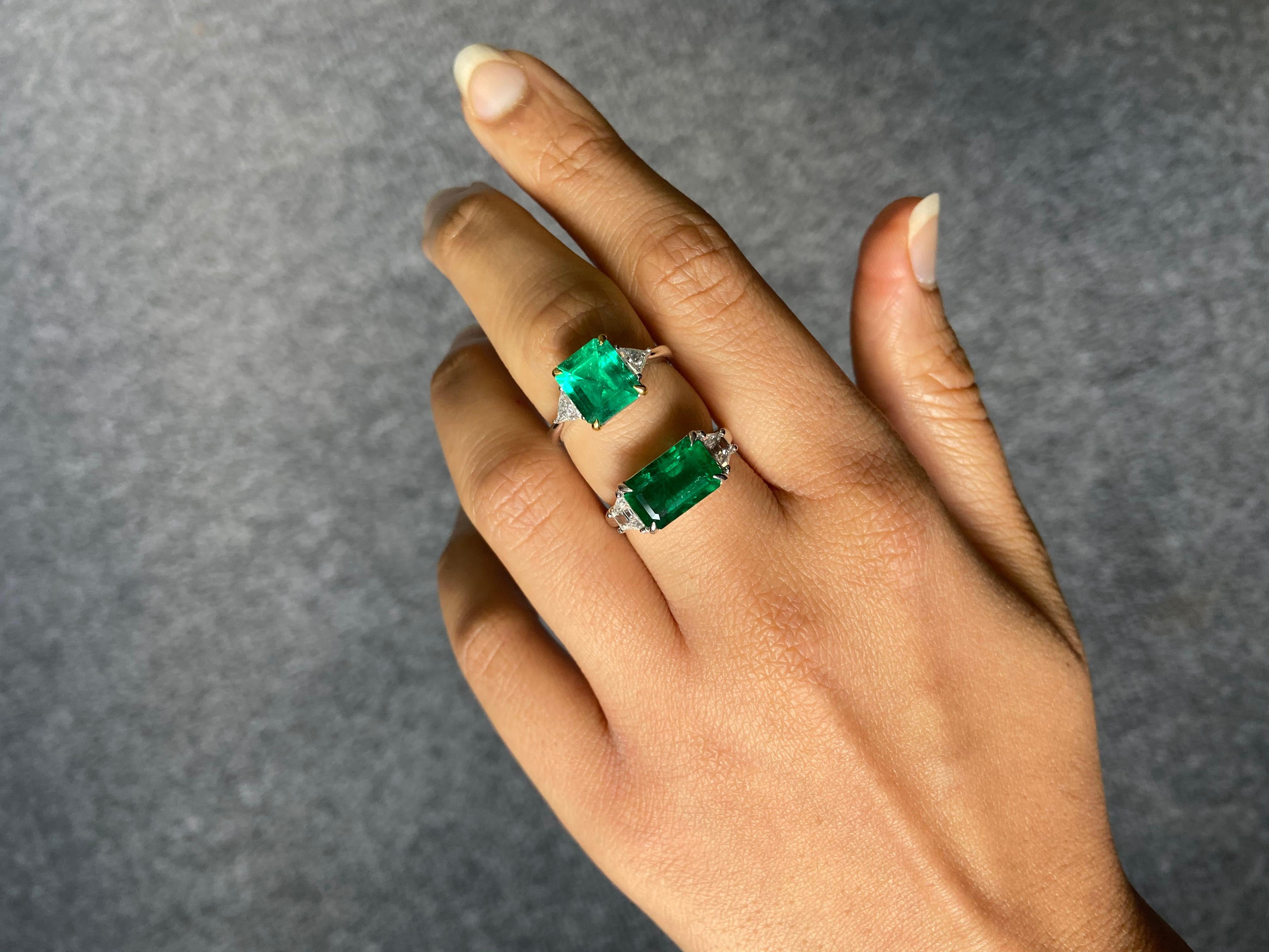Modern Certified 3.42 Carat Emerald and Diamond Three-Stone Engagement Ring