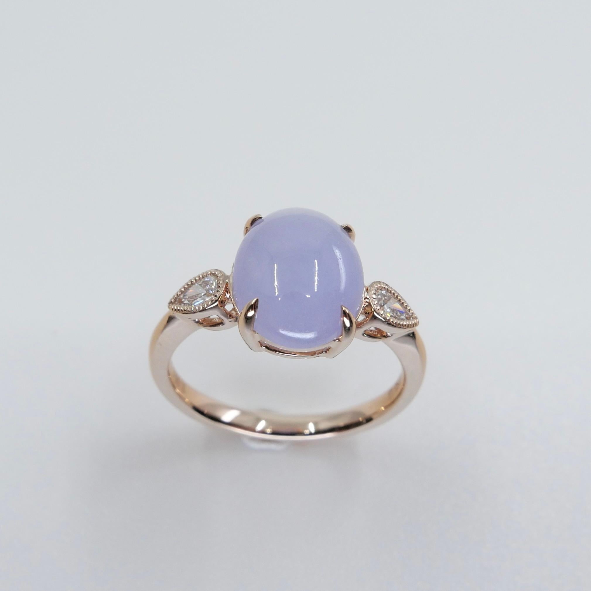 Certified 4.02 Carats Lavender Jade & Pear Shaped Cut Diamond 3 Stone Ring For Sale 3