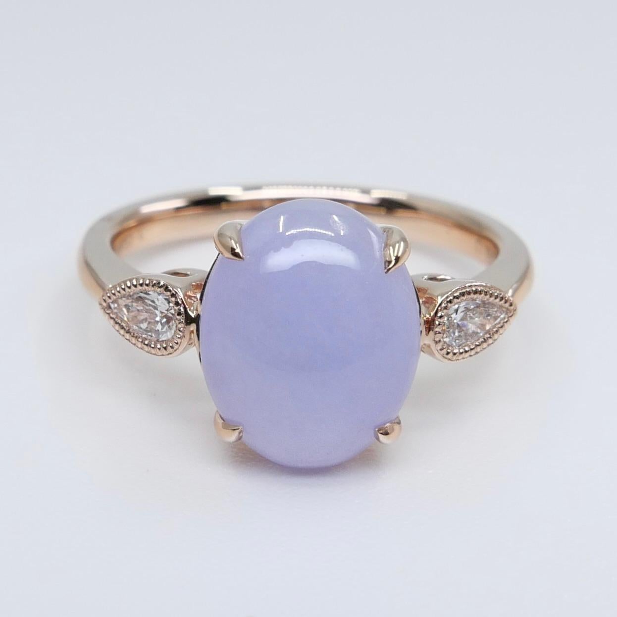 Certified 4.02 Carats Lavender Jade & Pear Shaped Cut Diamond 3 Stone Ring For Sale 4