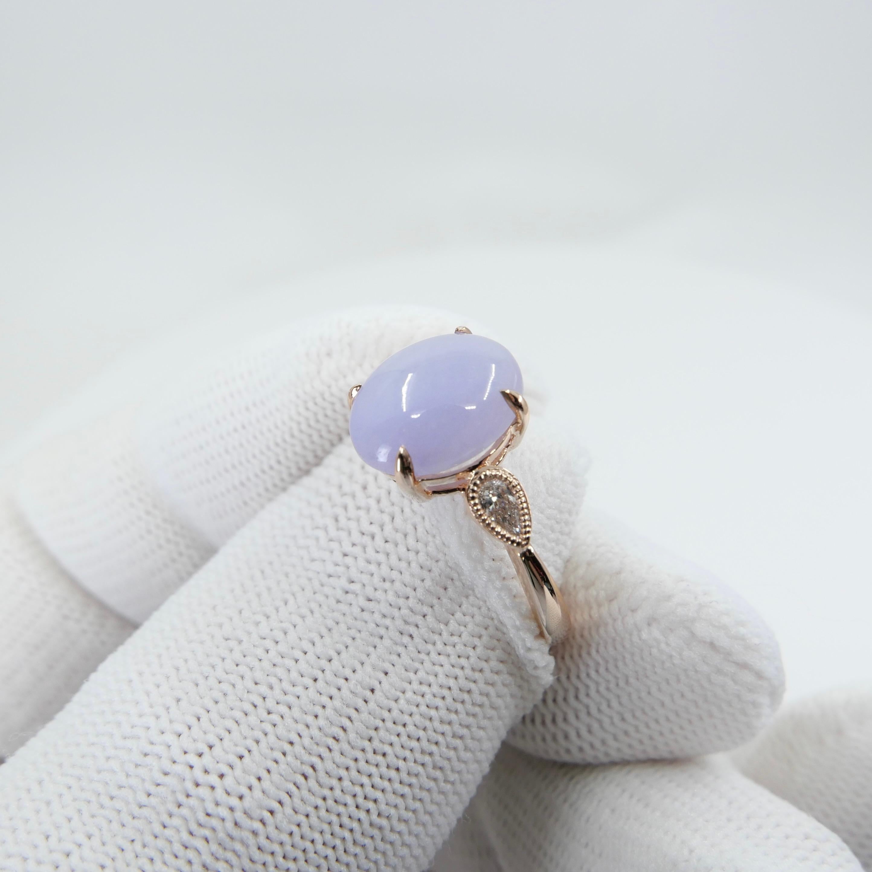 Zertifizierter 4,02 Karat lavendelfarbener Jade- und birnenförmiger Diamantring mit 3 Steinen im Birnenschliff im Angebot 6