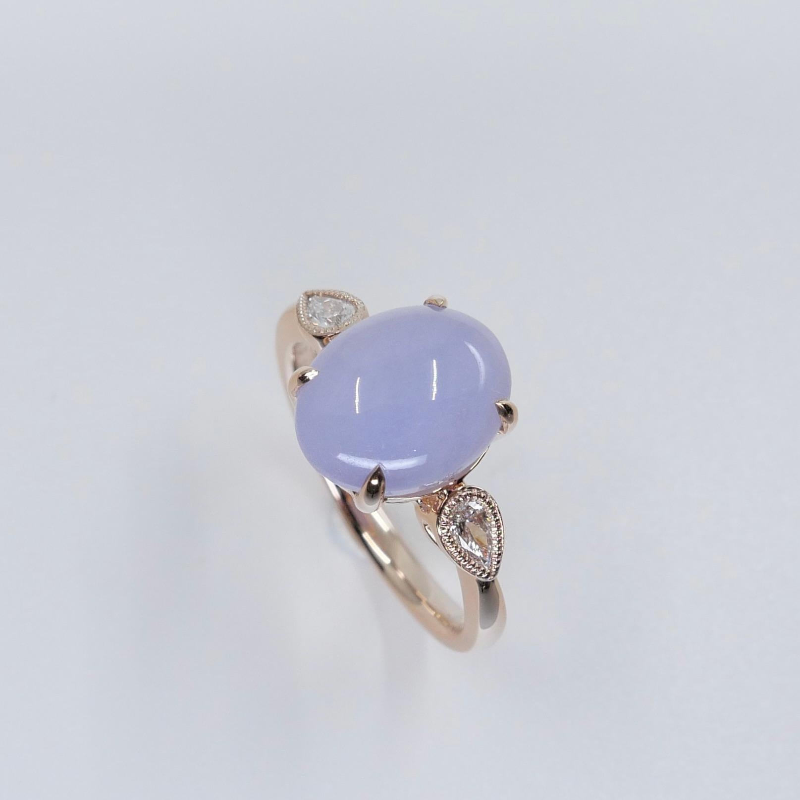 Women's Certified 4.02 Carats Lavender Jade & Pear Shaped Cut Diamond 3 Stone Ring For Sale