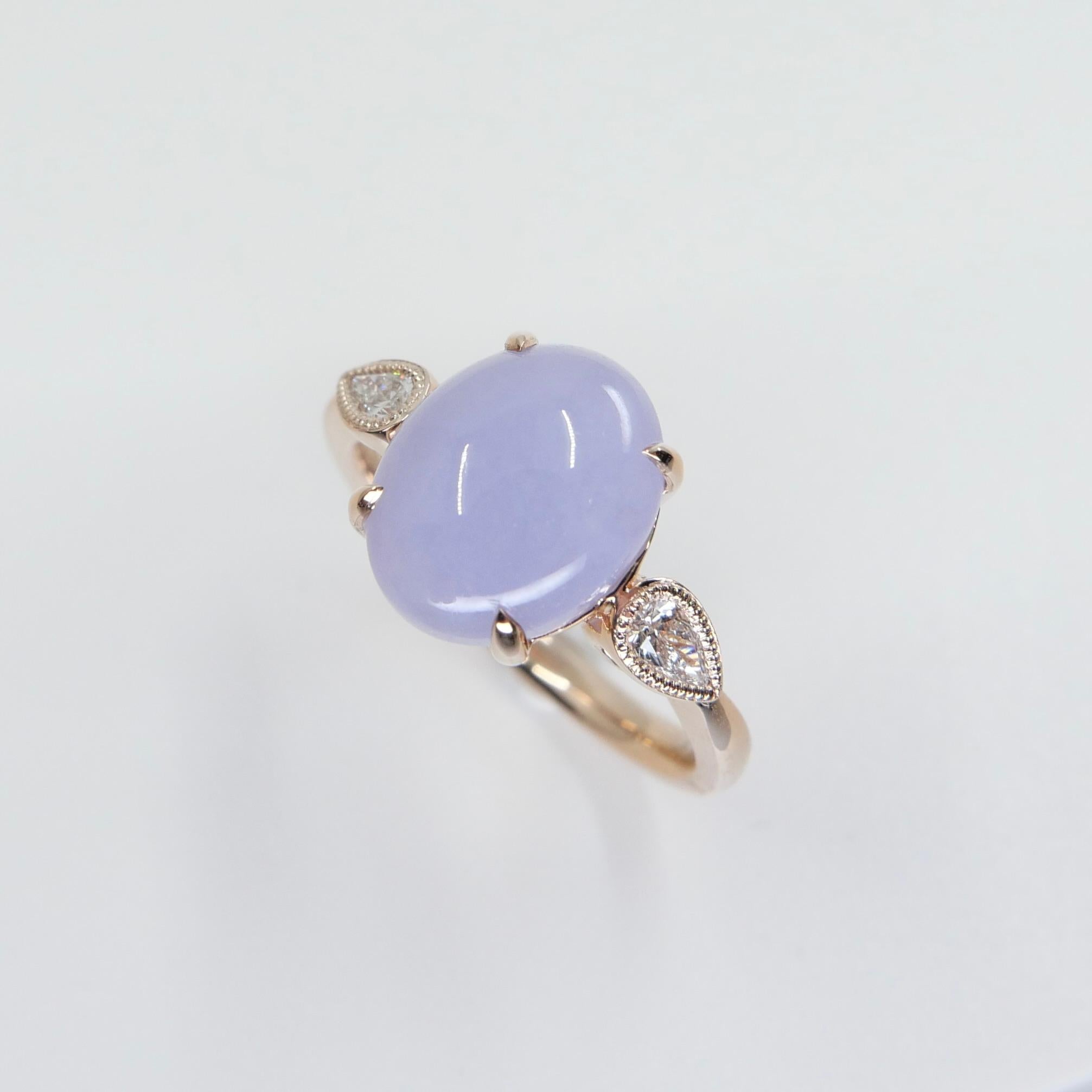 Certified 4.02 Carats Lavender Jade & Pear Shaped Cut Diamond 3 Stone Ring For Sale 1