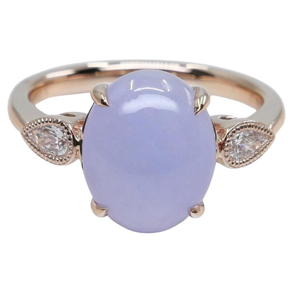 Certified 4.02 Carats Lavender Jade & Pear Shaped Cut Diamond 3 Stone Ring For Sale