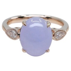 Certified 4.02 Carats Lavender Jade & Pear Shaped Cut Diamond 3 Stone Ring