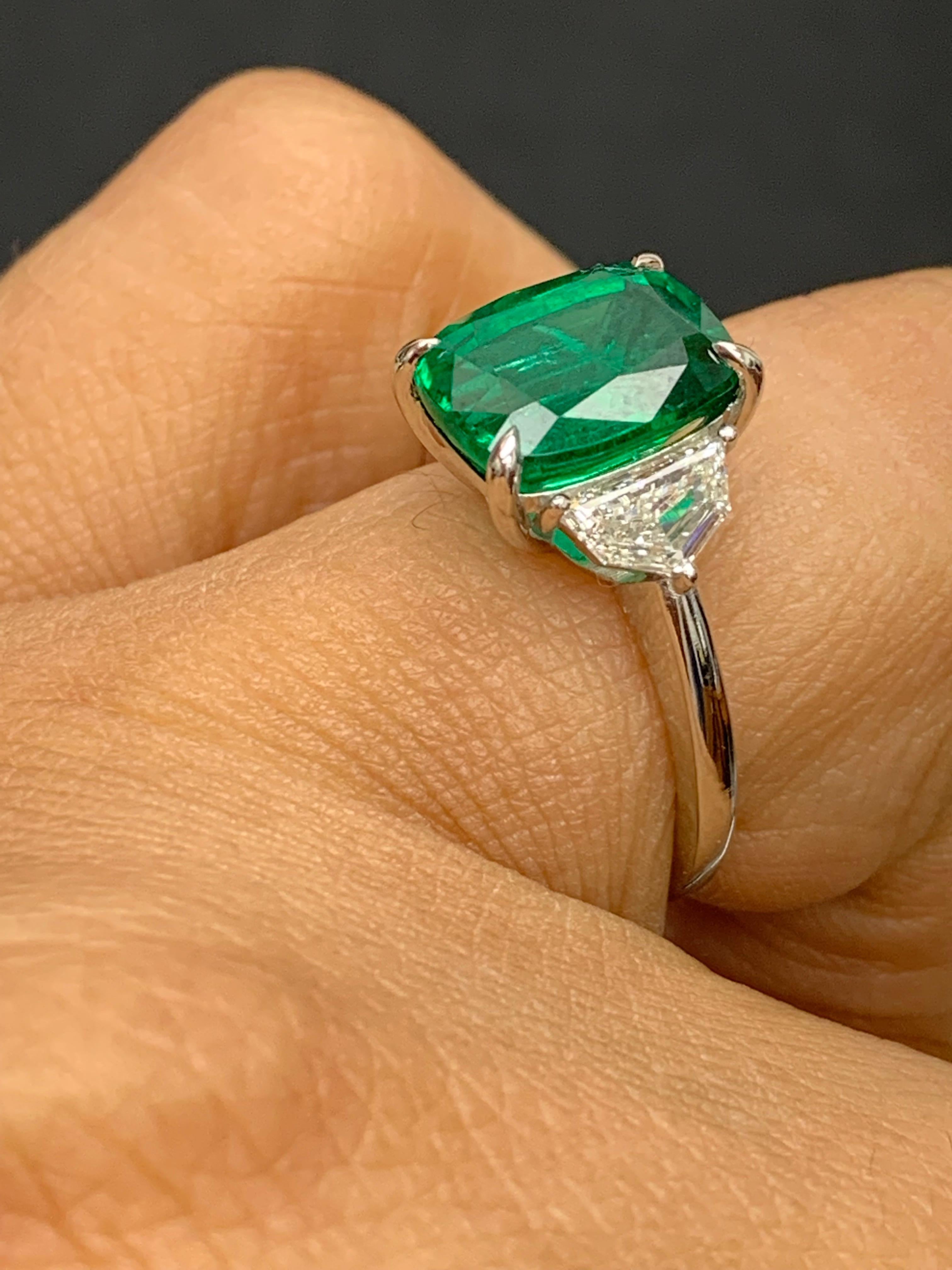 Women's Certified 3.49 Carat Cushion Cut Emerald & Diamond Engagement Ring in Platinum For Sale