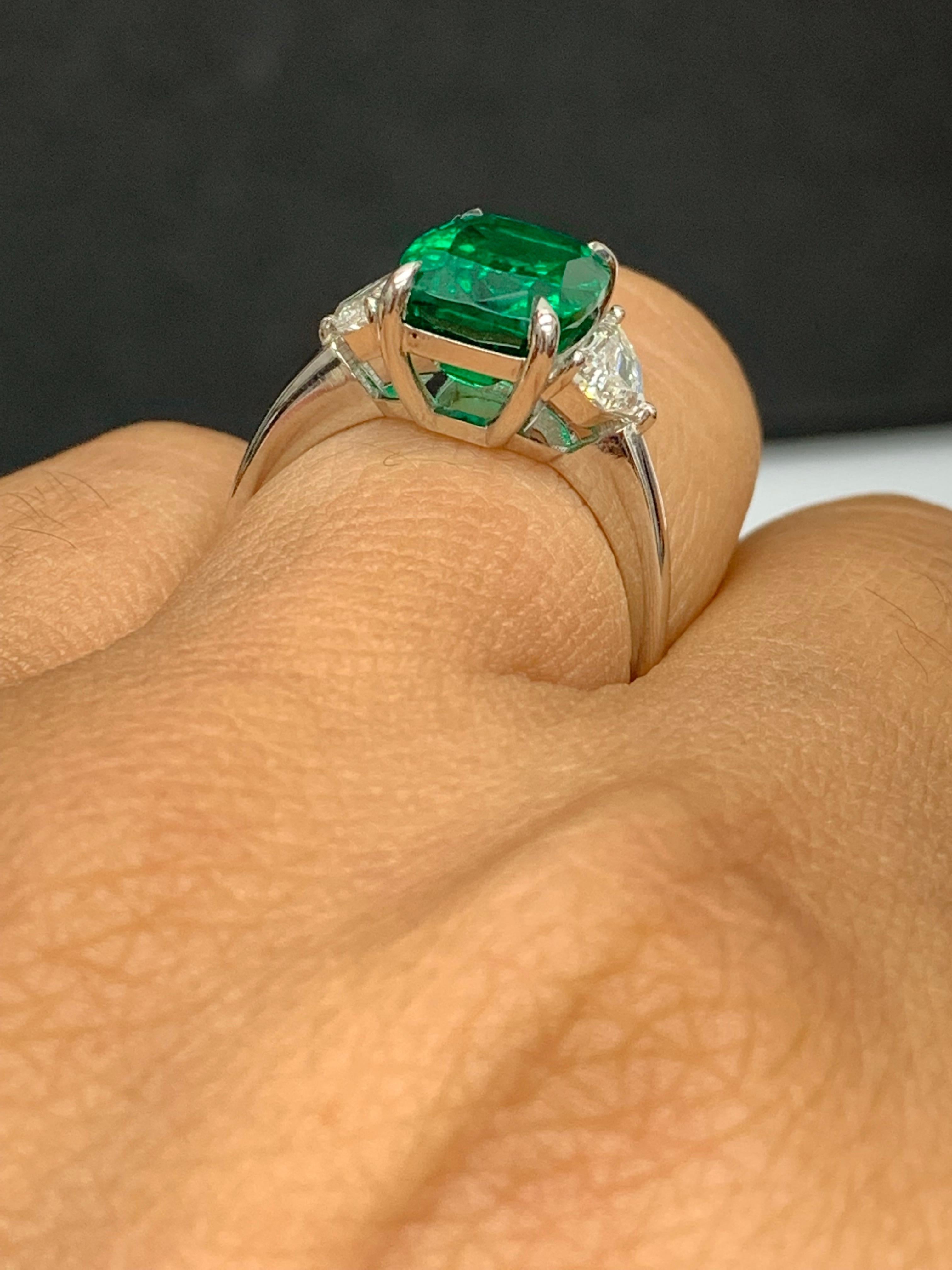 Certified 3.49 Carat Cushion Cut Emerald & Diamond Engagement Ring in Platinum For Sale 2