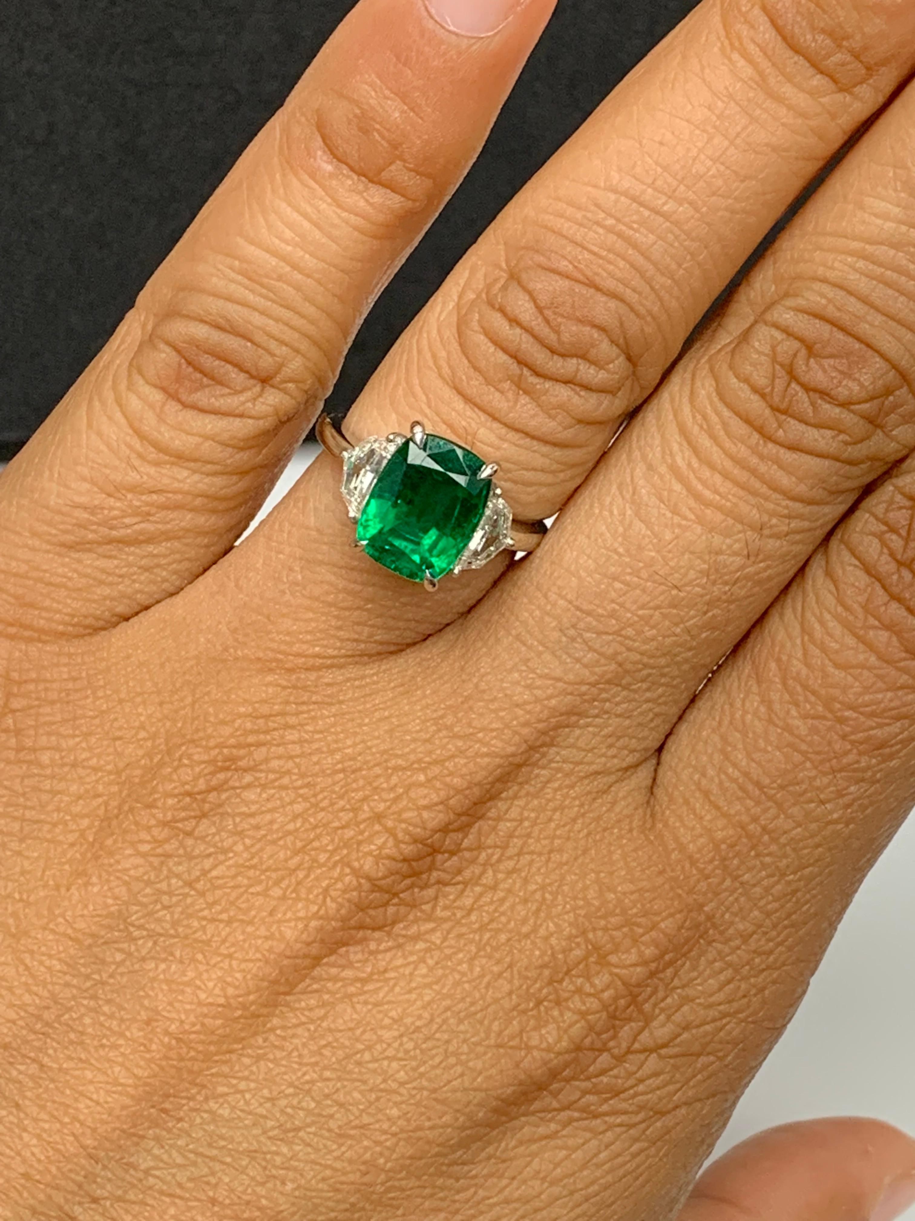 Certified 3.49 Carat Cushion Cut Emerald & Diamond Engagement Ring in Platinum For Sale 4