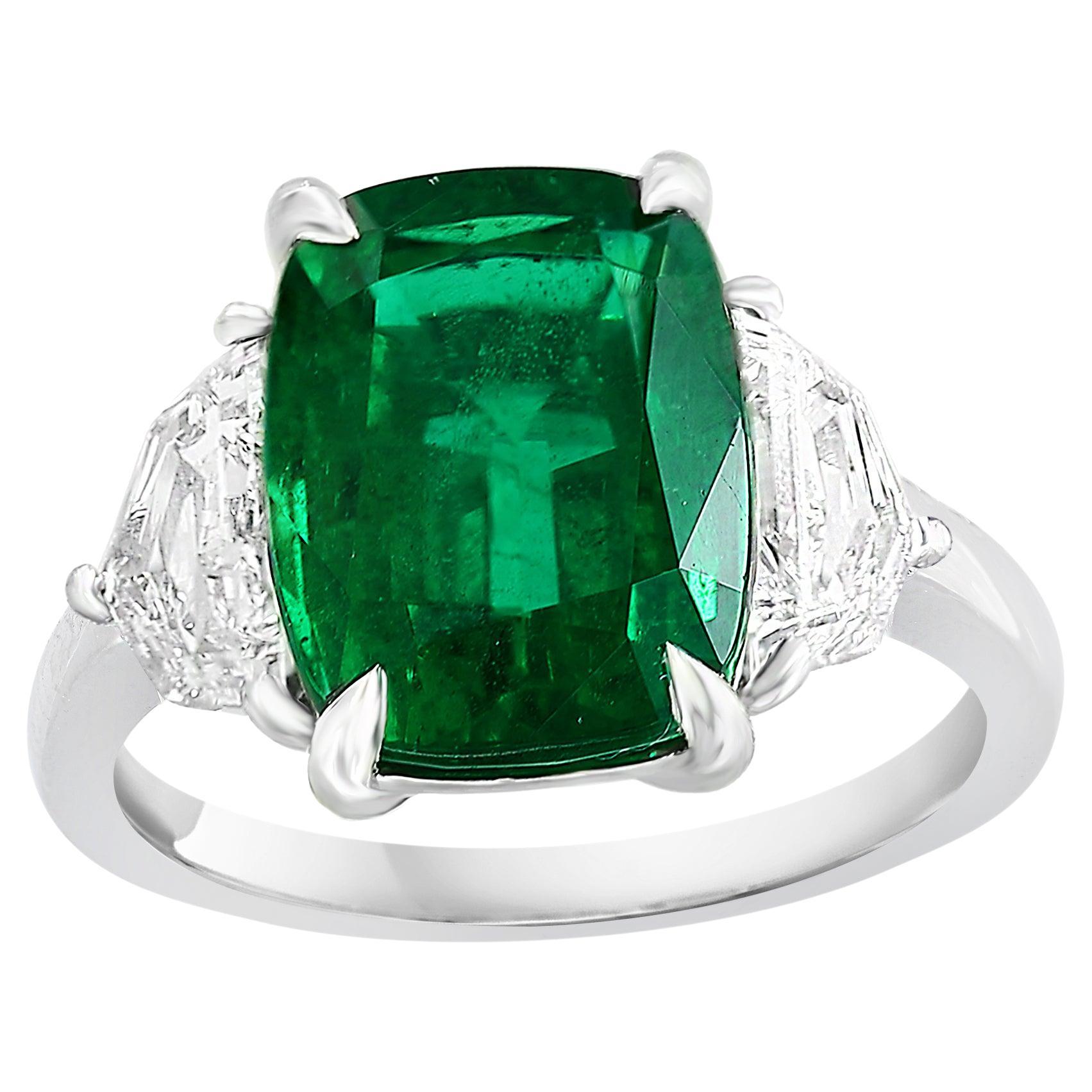Certified 3.49 Carat Cushion Cut Emerald & Diamond Engagement Ring in Platinum For Sale